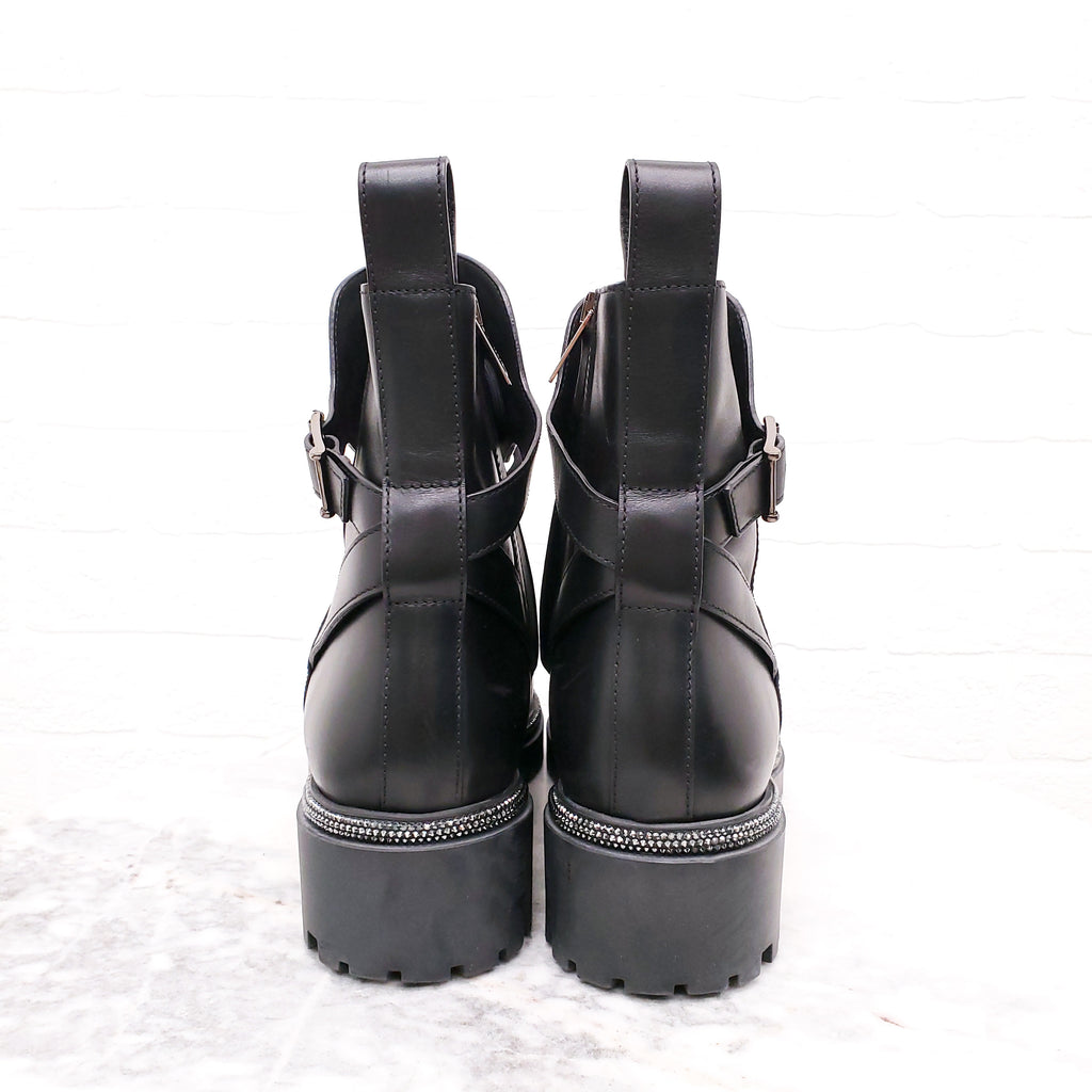RENE CAOVILLA BLACK LEATHER MOTORCYCLE BOOTS WITH RHINESTONE DETAIL - SIZE 41