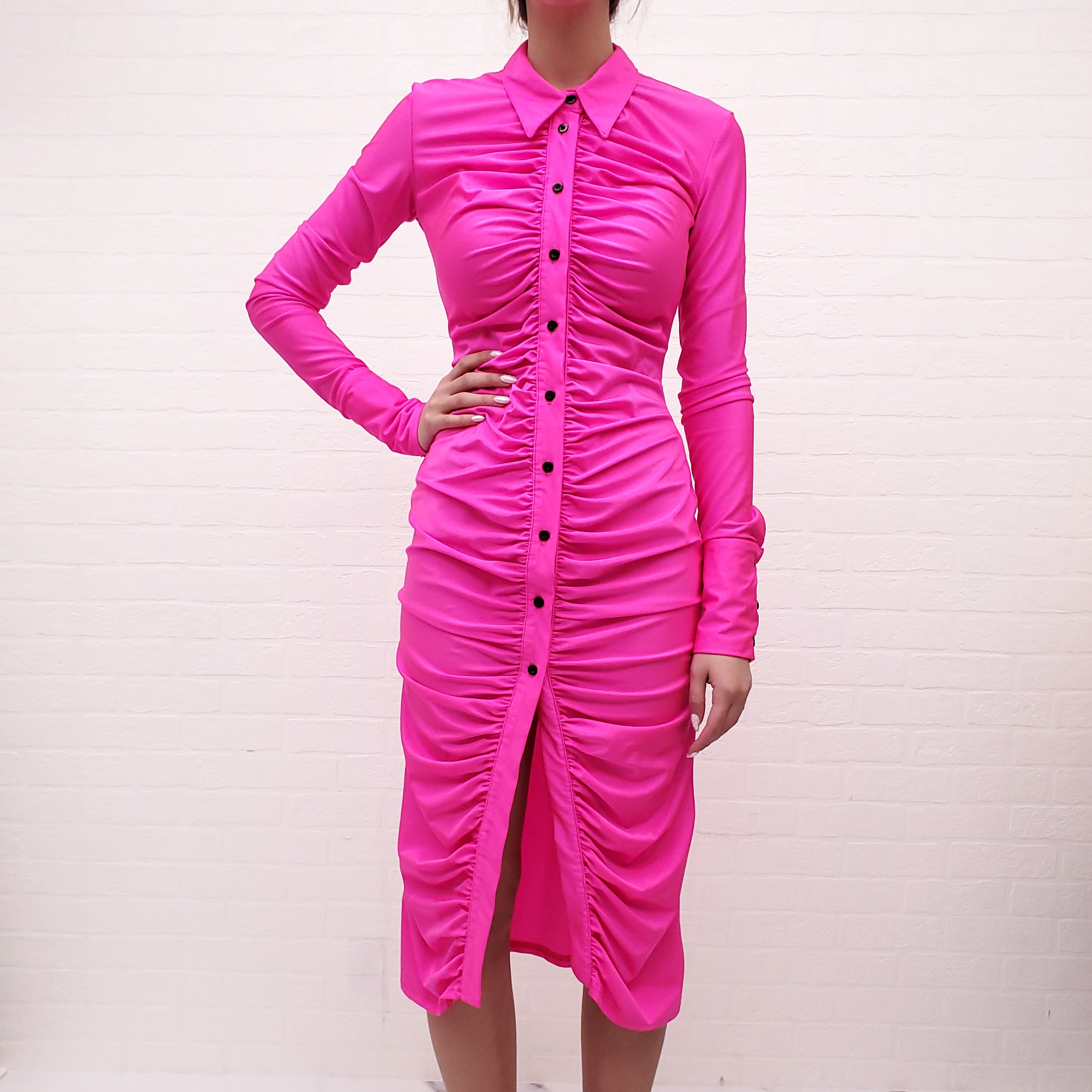 RICHARD QUINN NEON PINK RUCHED BUTTON UP DRESS - SIZE 10