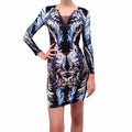 ROBERTO CAVALLI BLACK AND BLUE PATTERNED DRESS WITH LACE DETAIL - SIZE 38
