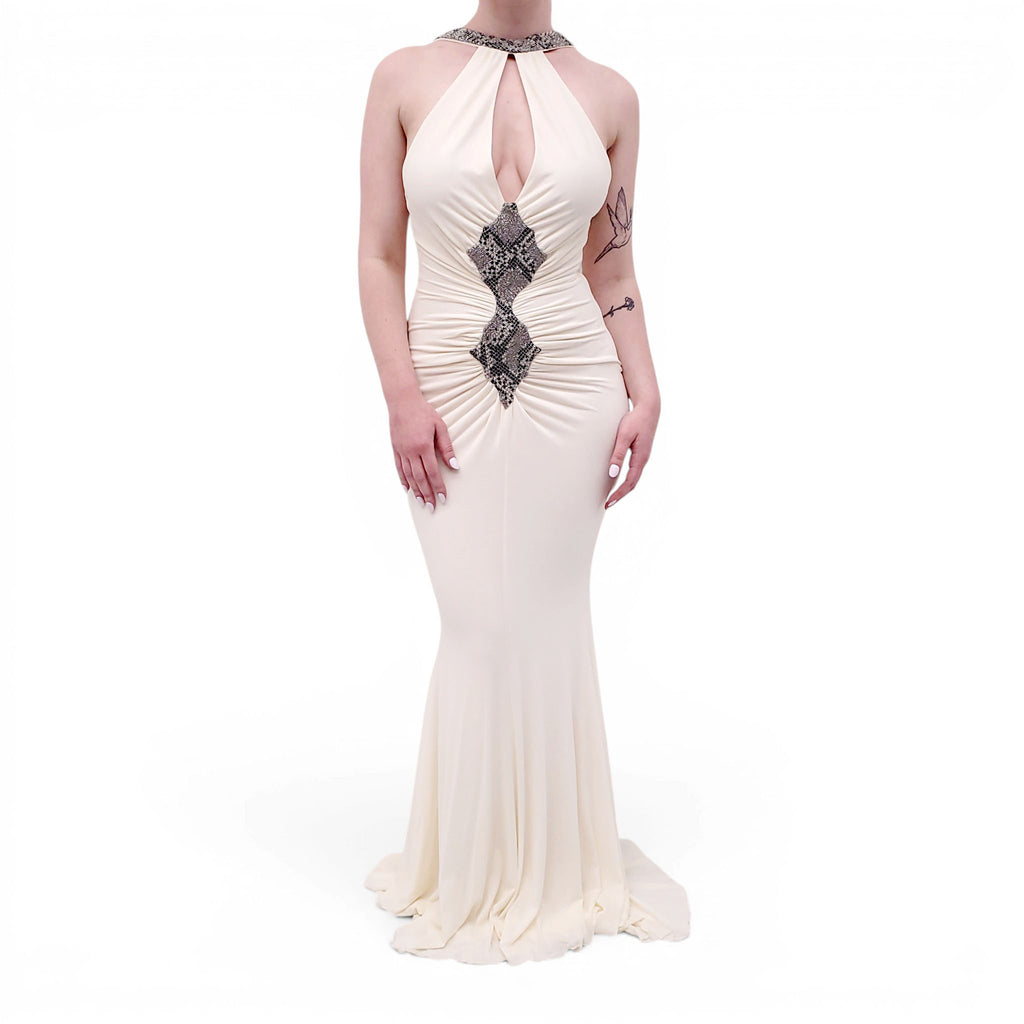 ROBERTO CAVALLI CREAM GOWN WITH SNAKESKIN EMBLEM DETAIL - SIZE 40