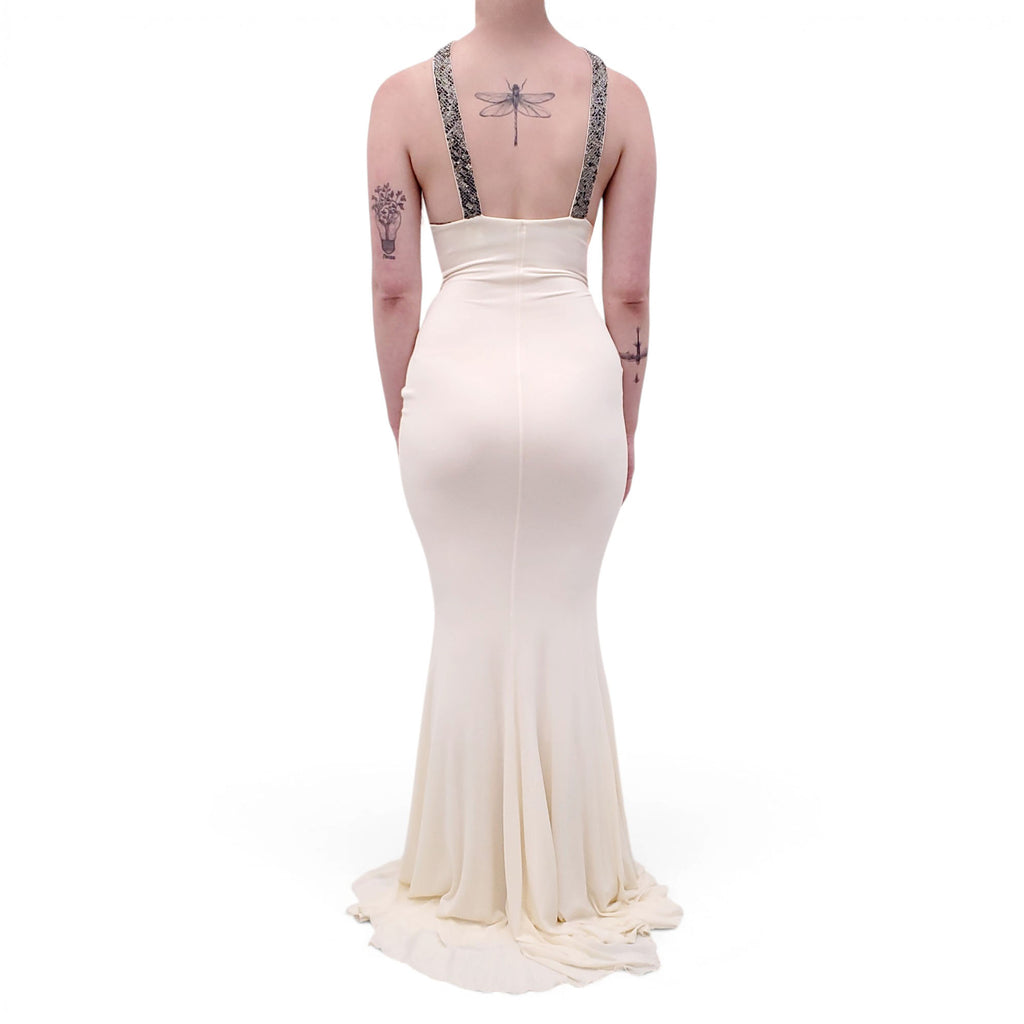 ROBERTO CAVALLI CREAM GOWN WITH SNAKESKIN EMBLEM DETAIL - SIZE 40