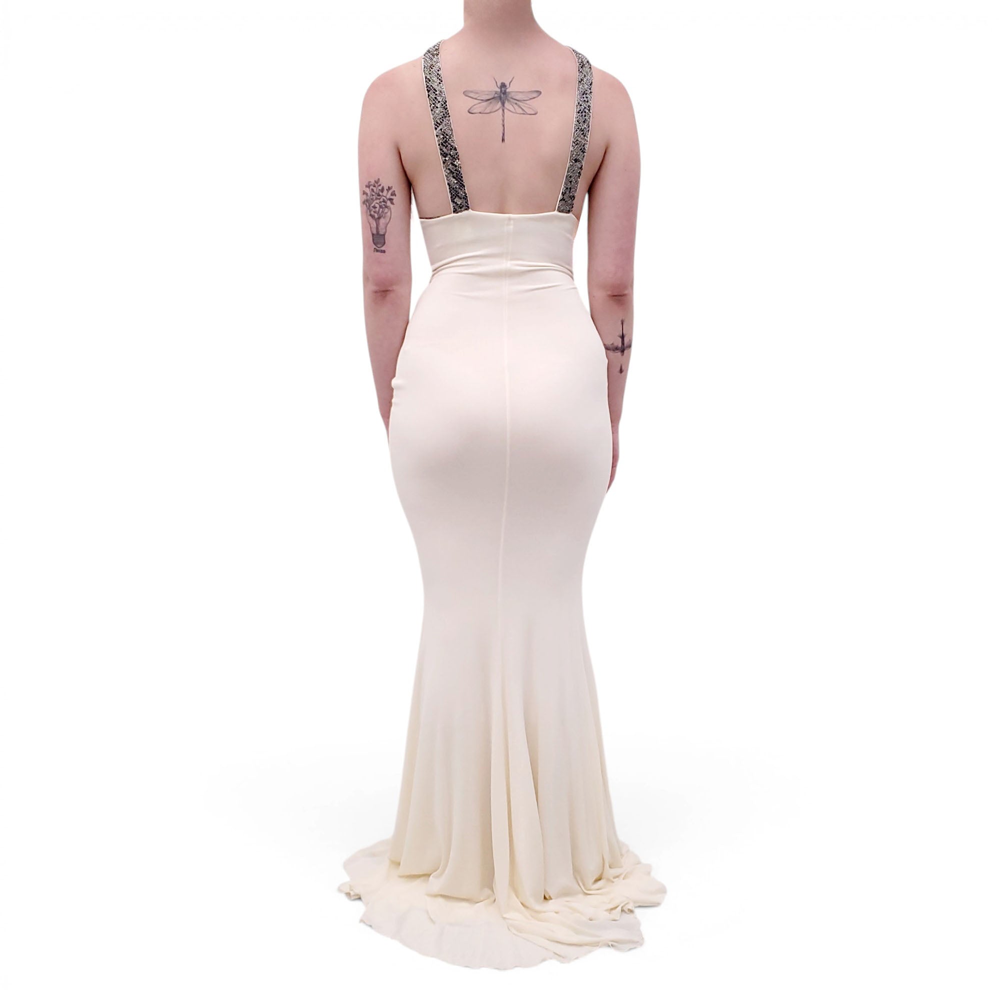 ROBERTO CAVALLI CREAM GOWN WITH SNAKESKIN EMBLEM DETAIL - SIZE 40