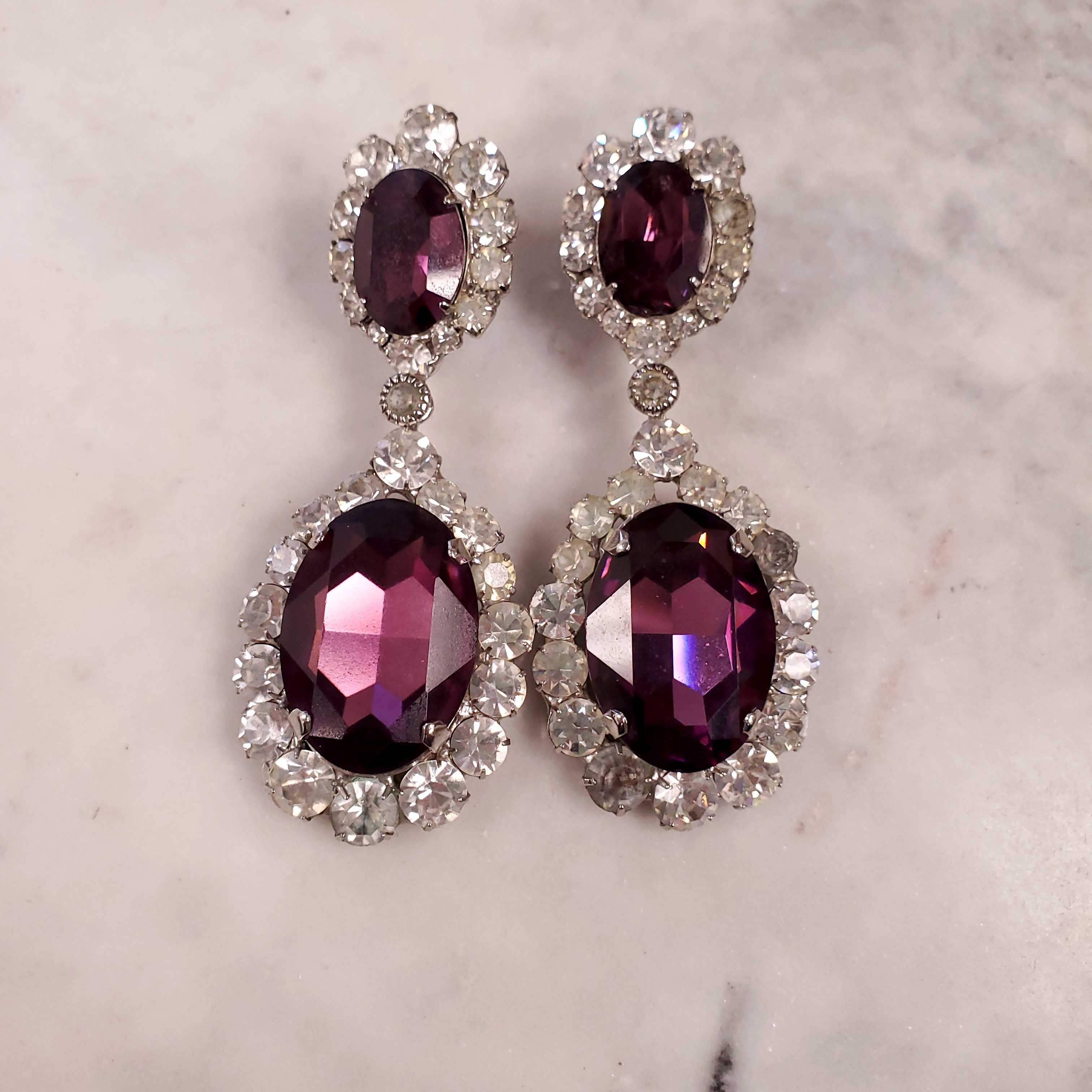 ROBERT SORRELL DIAMOND AND AMETHYST-COLOURED DANGLE RHINESTONE EARRINGS