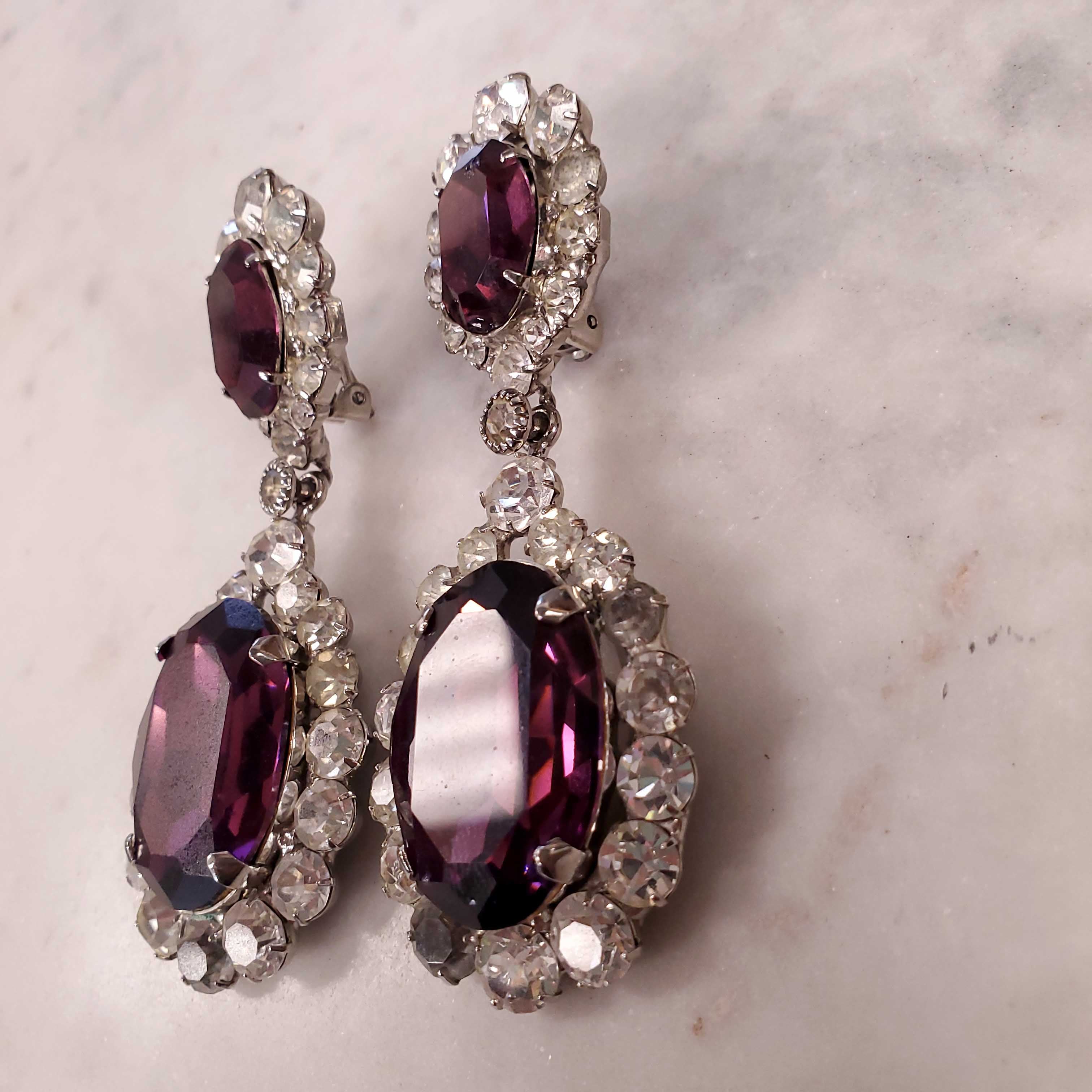 ROBERT SORRELL DIAMOND AND AMETHYST-COLOURED DANGLE RHINESTONE EARRINGS