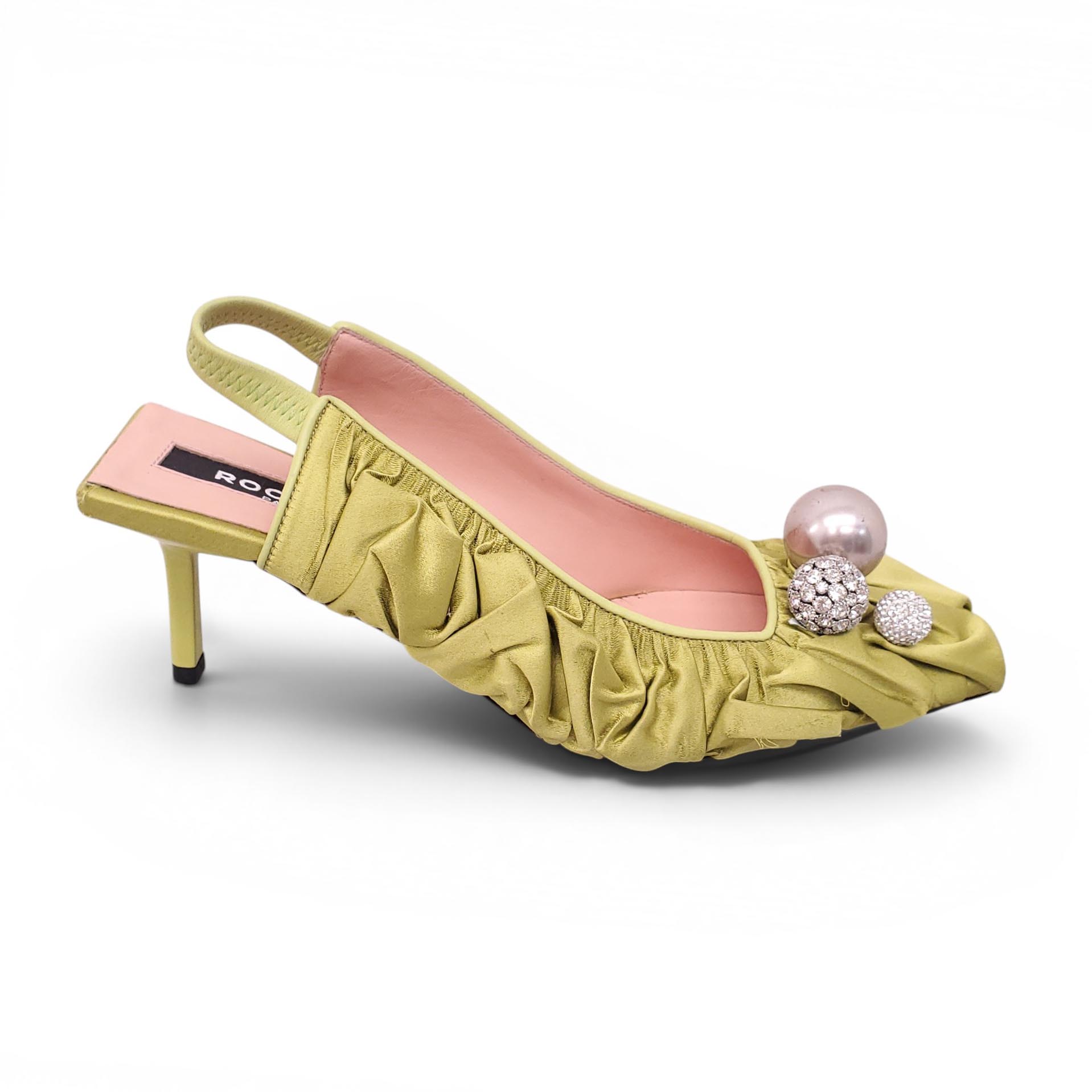 ROCHAS CHARTREUSE RUCHED SLINGBACK HEELS WITH EMBELLISHED DETAILS - SIZE 37