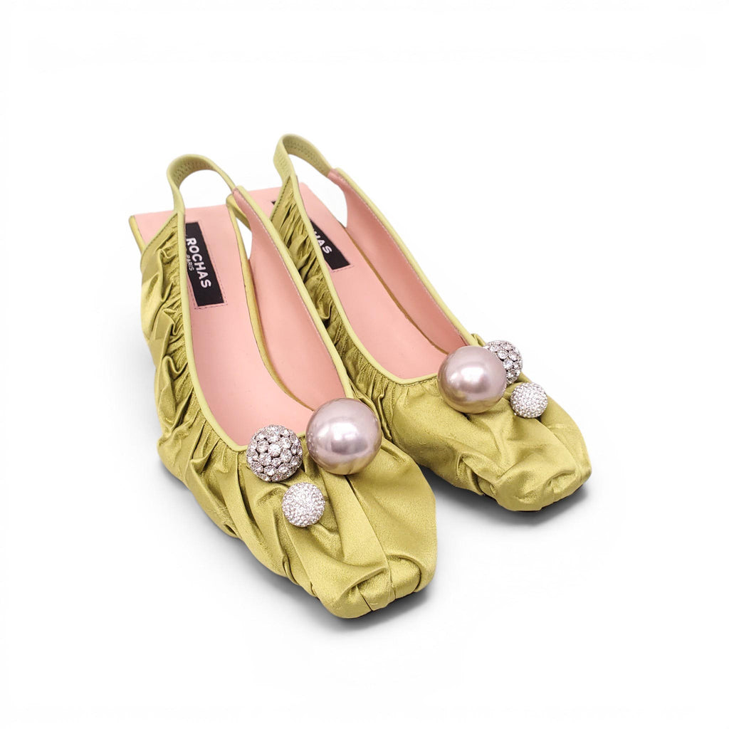ROCHAS CHARTREUSE RUCHED SLINGBACK HEELS WITH EMBELLISHED DETAILS - SIZE 37