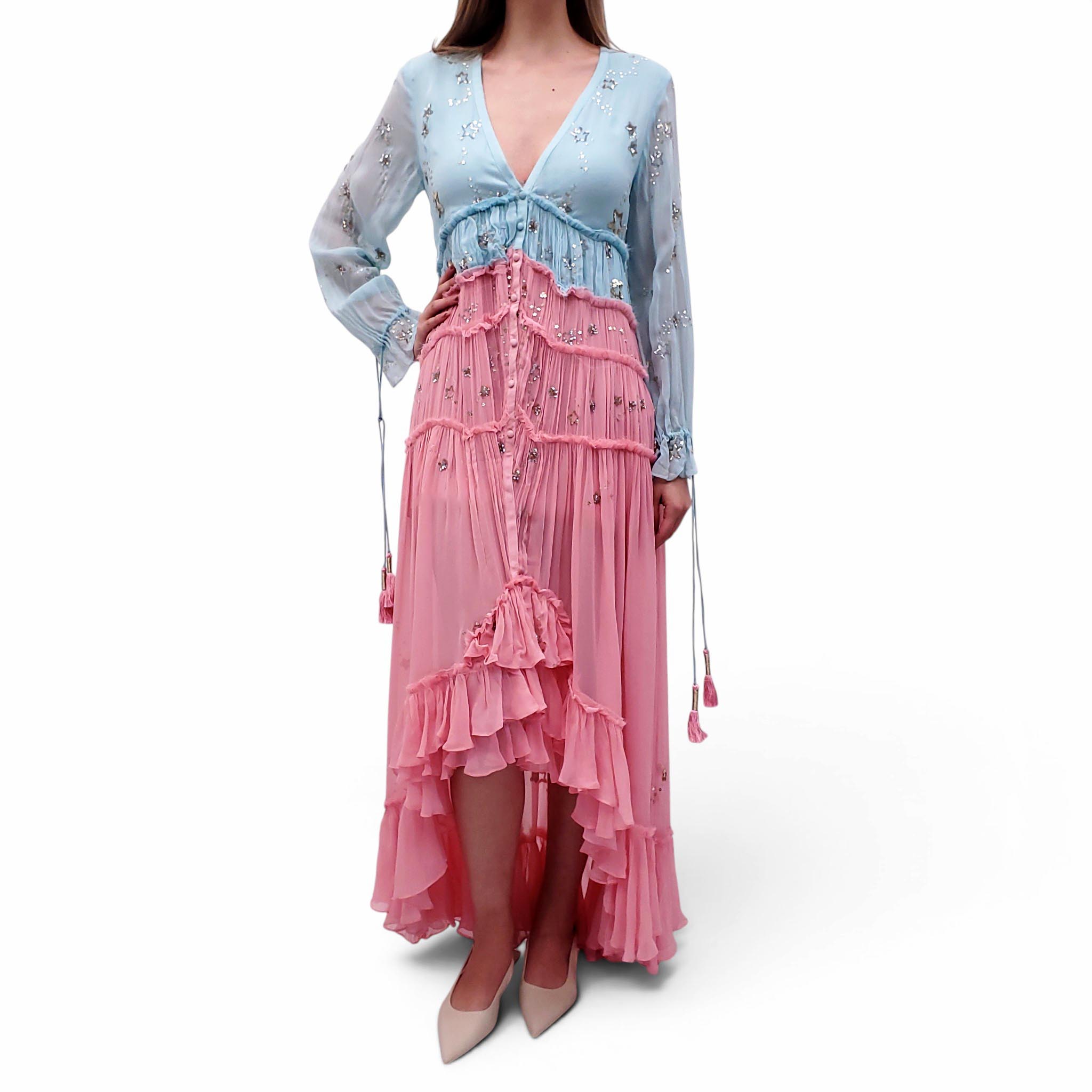 ROCOCO SAND BLUE AND PINK SEQUIN STAR RUFFLE DRESS - SIZE S