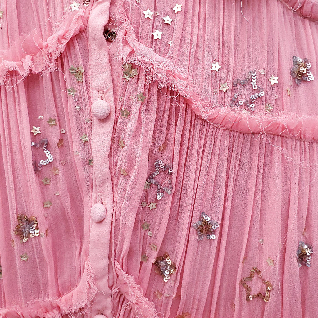 ROCOCO SAND BLUE AND PINK SEQUIN STAR RUFFLE DRESS - SIZE S