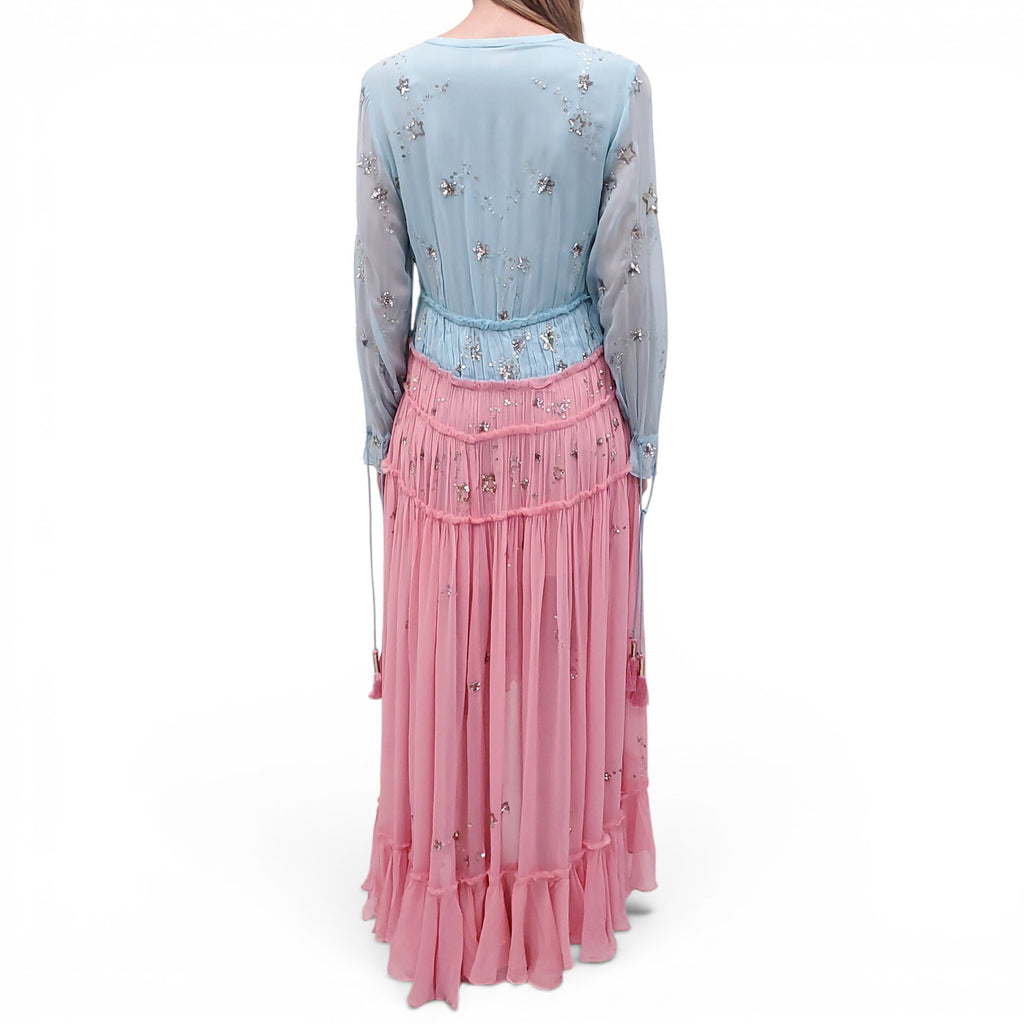 ROCOCO SAND BLUE AND PINK SEQUIN STAR RUFFLE DRESS - SIZE S