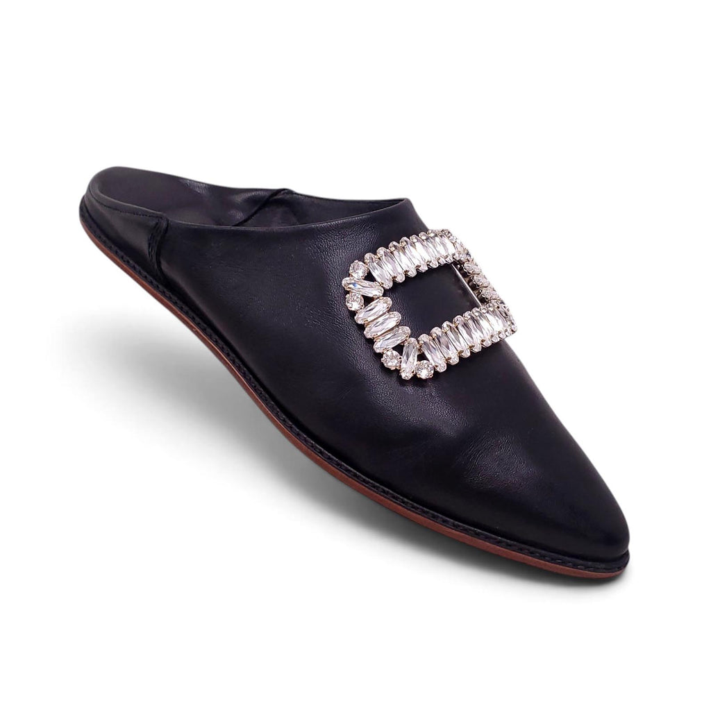 ROGER VIVIER BLACK LEATHER CRYSTAL MULES - SIZE 39