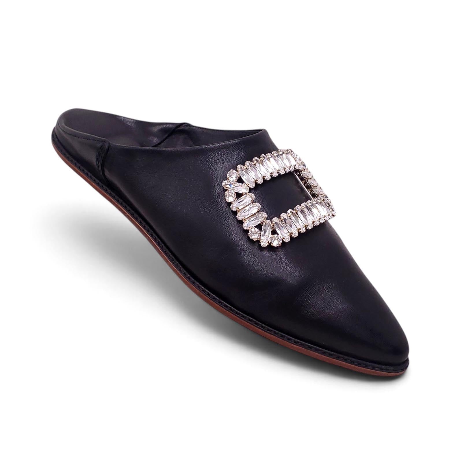 ROGER VIVIER BLACK LEATHER CRYSTAL MULES - SIZE 39