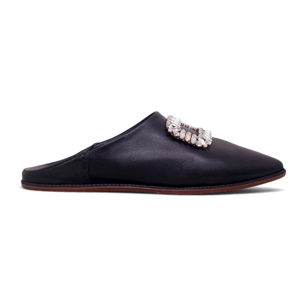 ROGER VIVIER BLACK LEATHER CRYSTAL MULES - SIZE 39