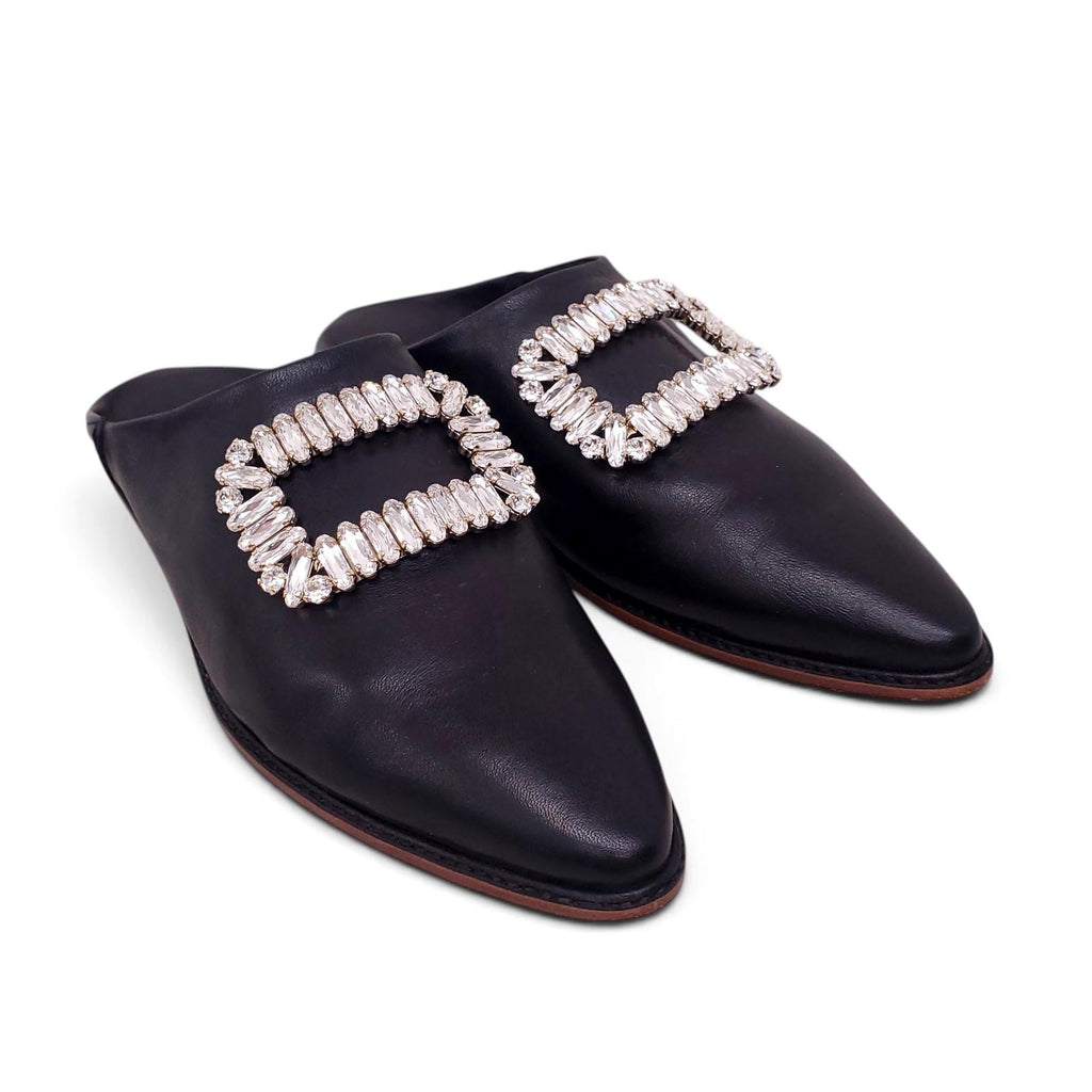 ROGER VIVIER BLACK LEATHER CRYSTAL MULES - SIZE 39