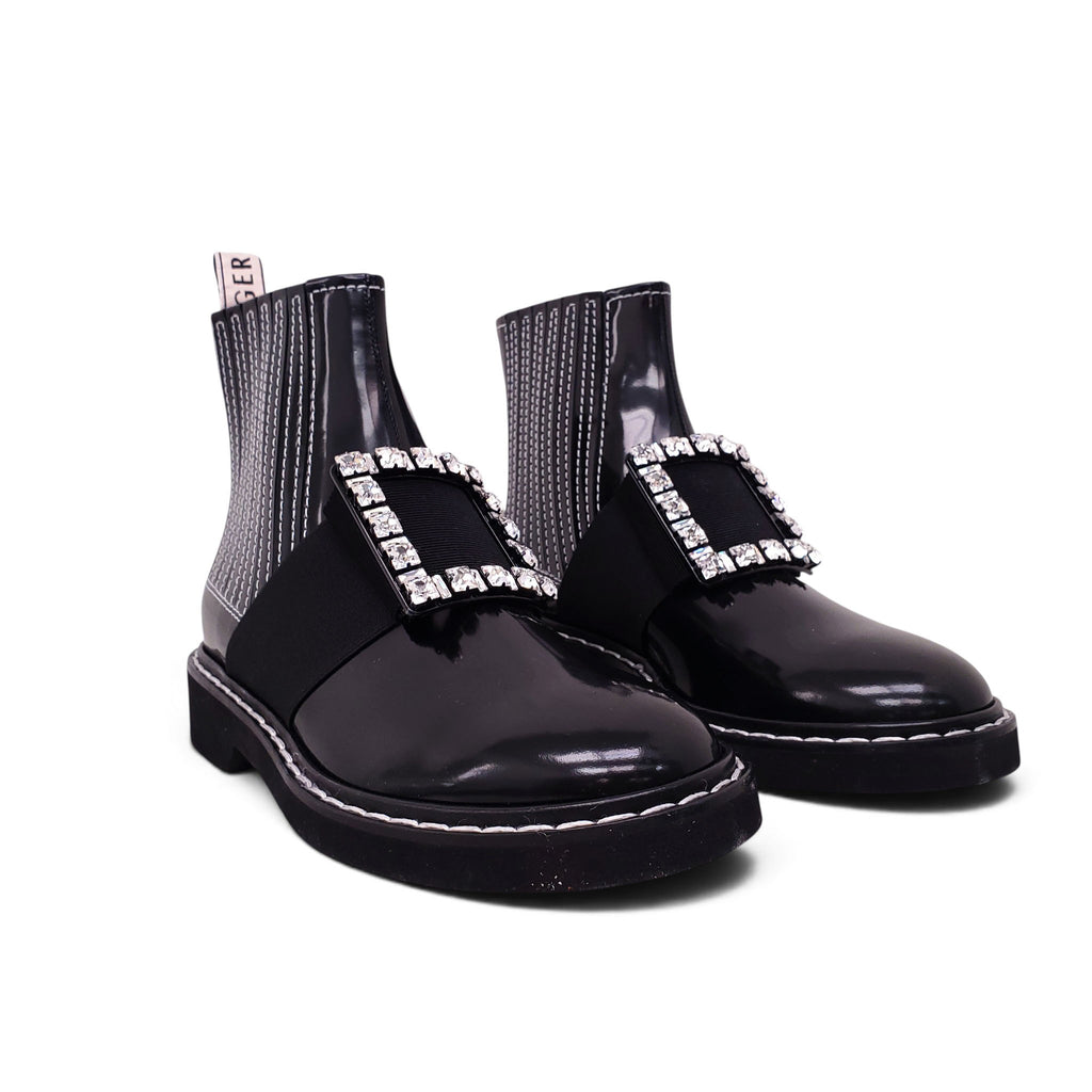 ROGER VIVIER RANGER CRYSTAL EMBELLISHED PATENT LEATHER CHELSEA BOOTS - SIZE 38