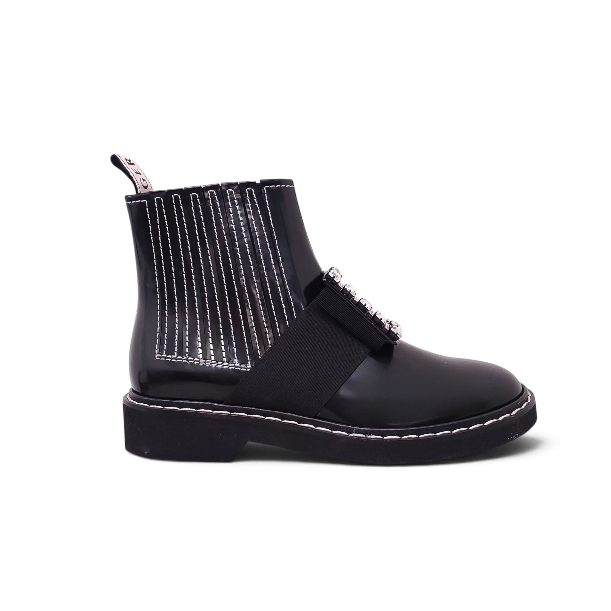 ROGER VIVIER RANGER CRYSTAL EMBELLISHED PATENT LEATHER CHELSEA BOOTS - SIZE 38