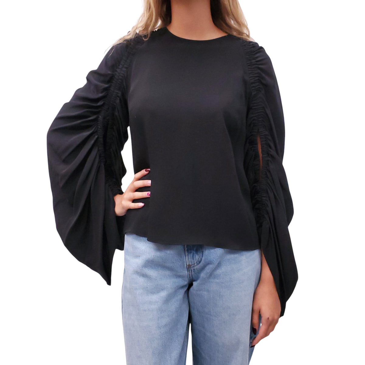 ROKSANDA BLACK BLOUSE WITH RUCHED SLEEVE DETAIL - SIZE US 6/ UK 10