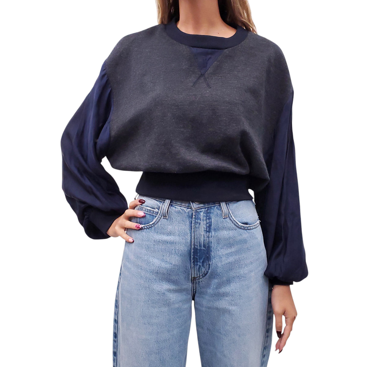 ROKSANDA GREY SWEATER BLOUSE WITH NAVY BACK DETAIL - SIZE US 10/UK 14