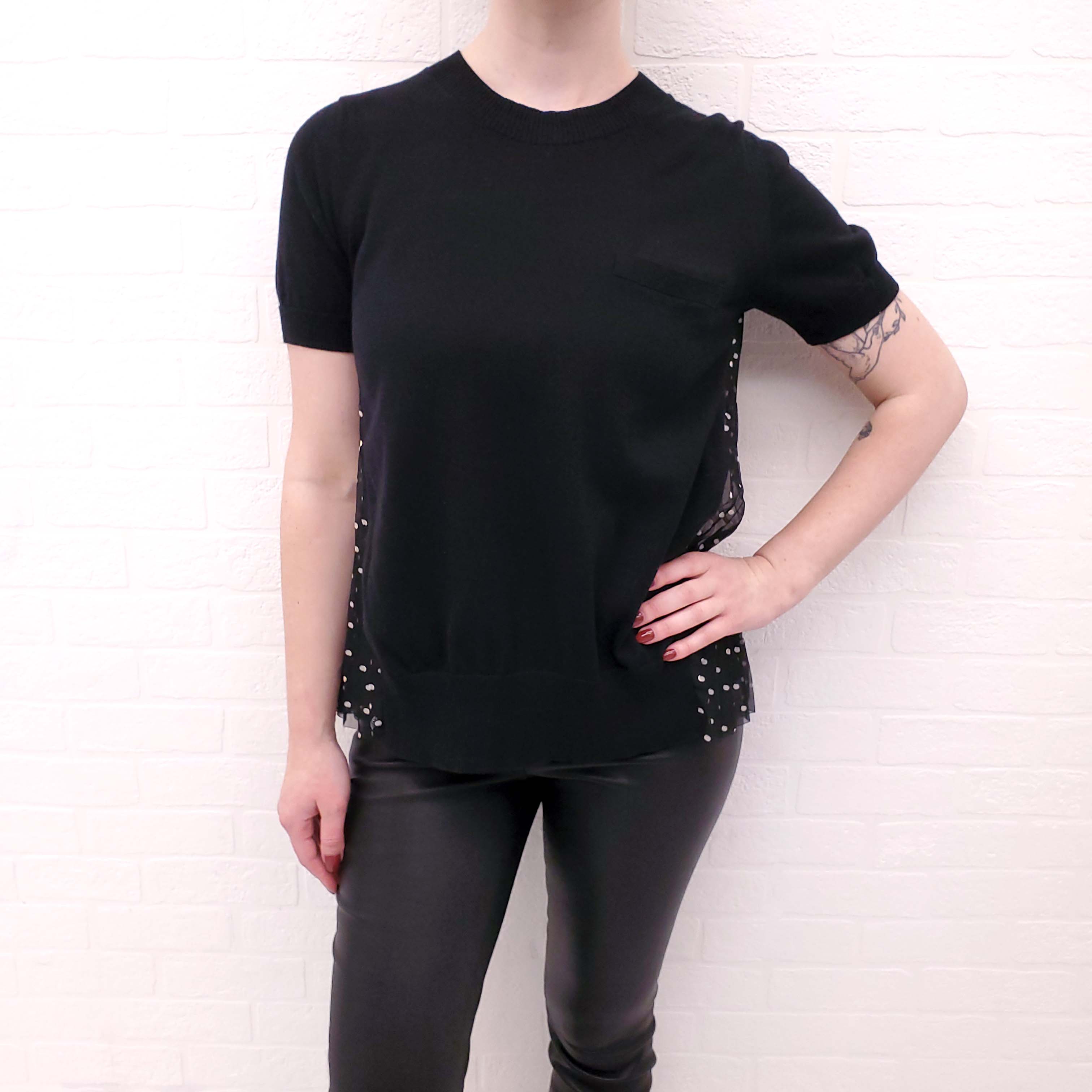 SACAI BLACK SHORT SLEEVE SWEATER WITH POLKA DOT BACK - SIZE S