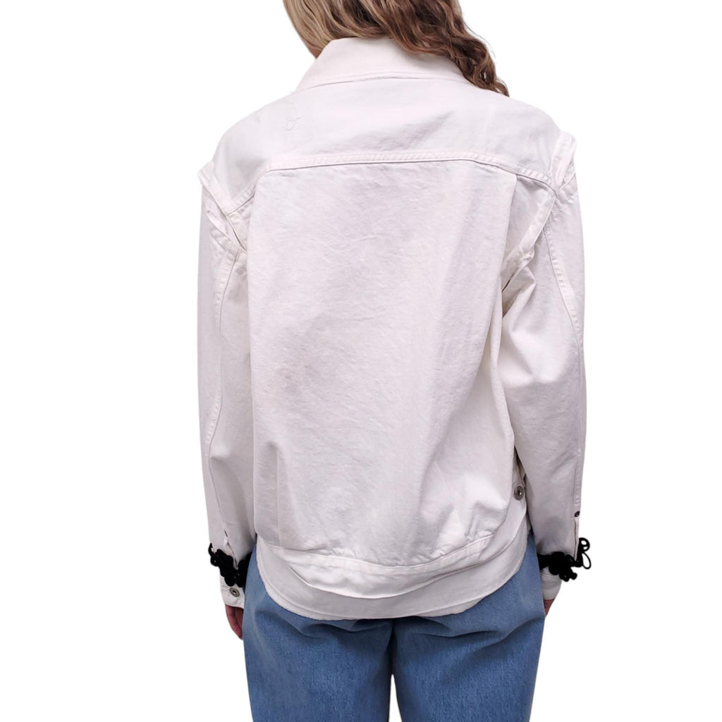 SACAI WHITE DENIM JACKET WITH BLACK RIBBON CLASP DETAIL - SIZE 2/M