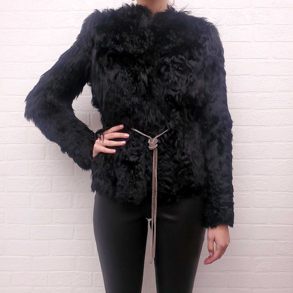SAINT LAURENT ALPACA FUR JACKET WITH SILVER CHAIN DETAIL - SIZE 36