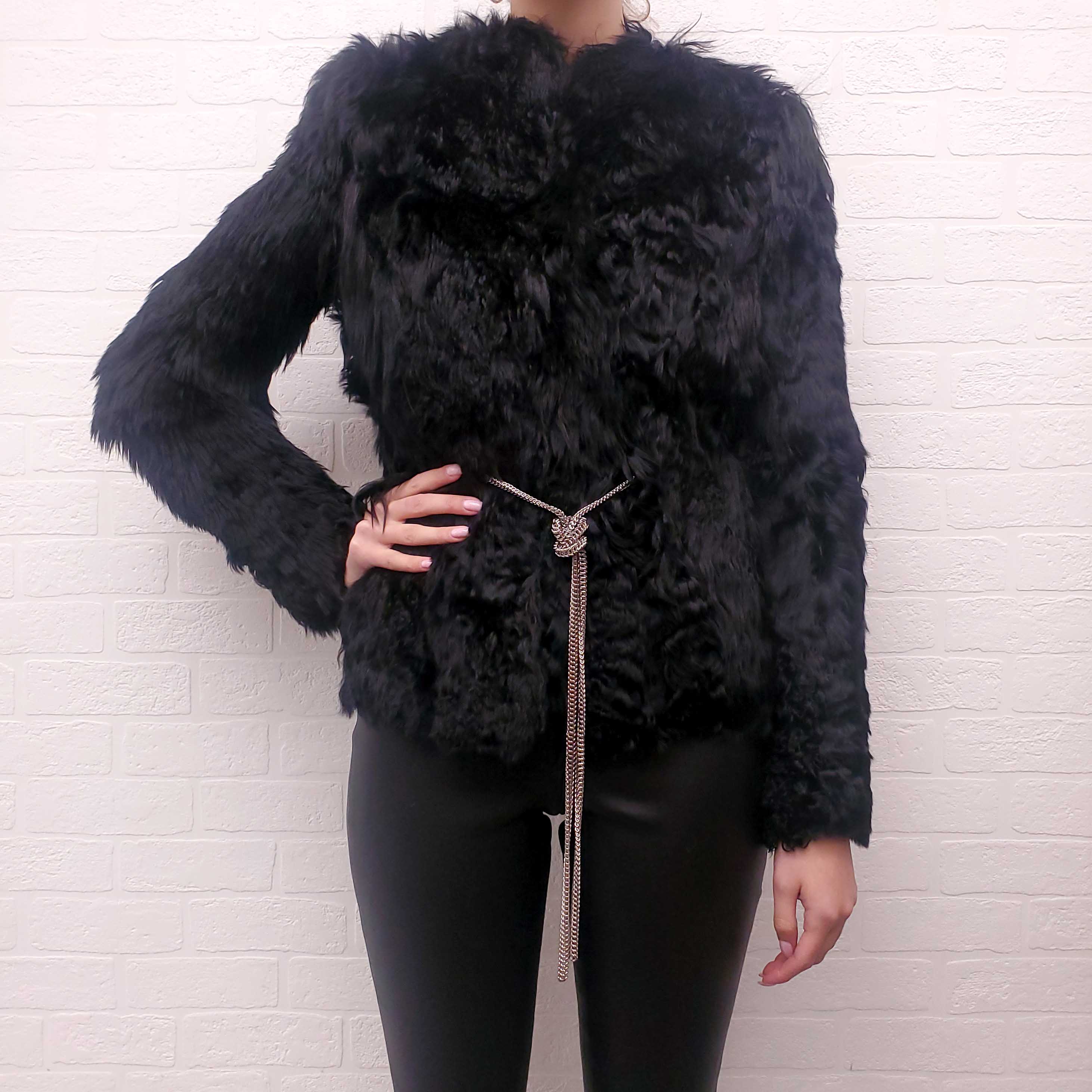 SAINT LAURENT ALPACA FUR JACKET WITH SILVER CHAIN DETAIL - SIZE 36