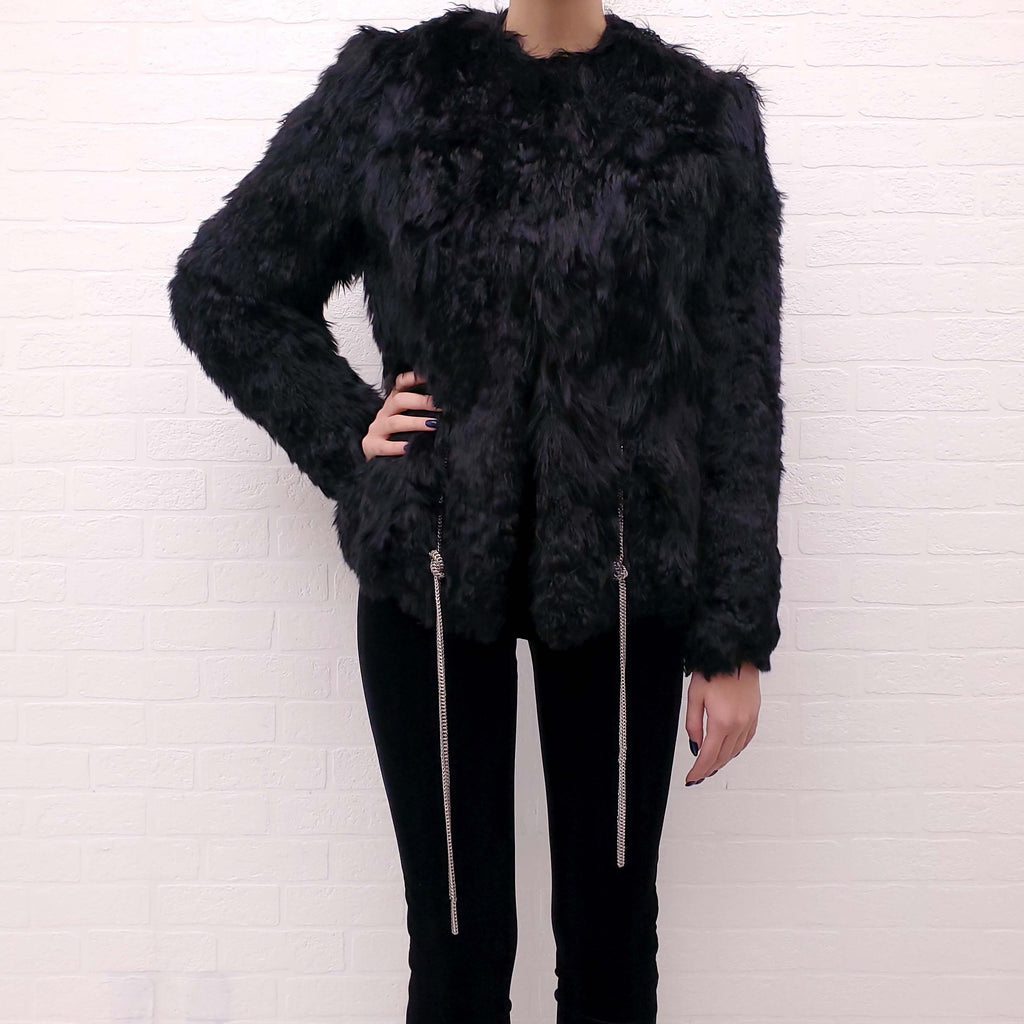 SAINT LAURENT ALPACA FUR JACKET WITH SILVER CHAIN DETAIL - SIZE 40 (OVERSIZED)