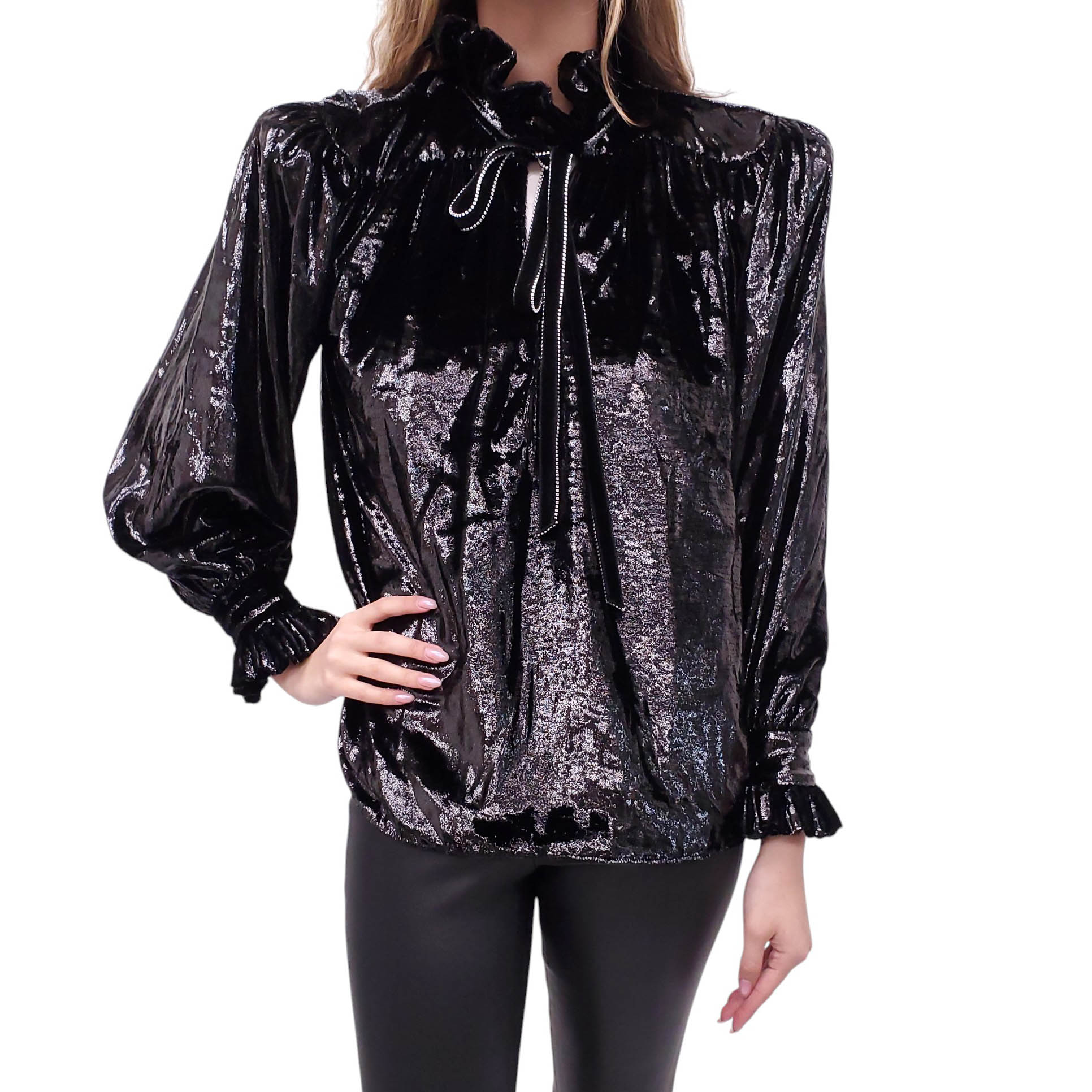 SAINT LAURENT BALLOON SLEEVE VELVET BLOUSE WITH CRYSTAL DETAIL - SIZE 38 (OVERSIZED)