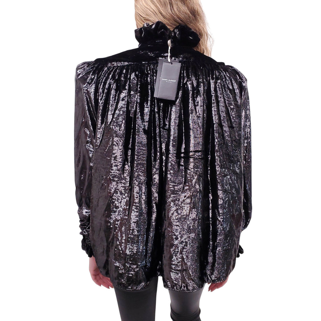 SAINT LAURENT BALLOON SLEEVE VELVET BLOUSE WITH CRYSTAL DETAIL - SIZE 38 (OVERSIZED)