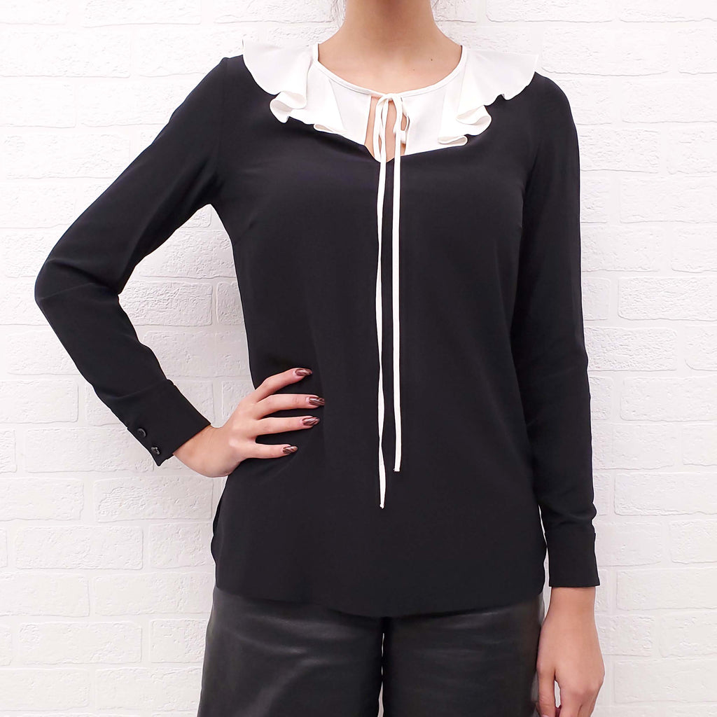 SAINT LAURENT BLACK AND CREAM SILK RUFFLE BLOUSE - SIZE 38