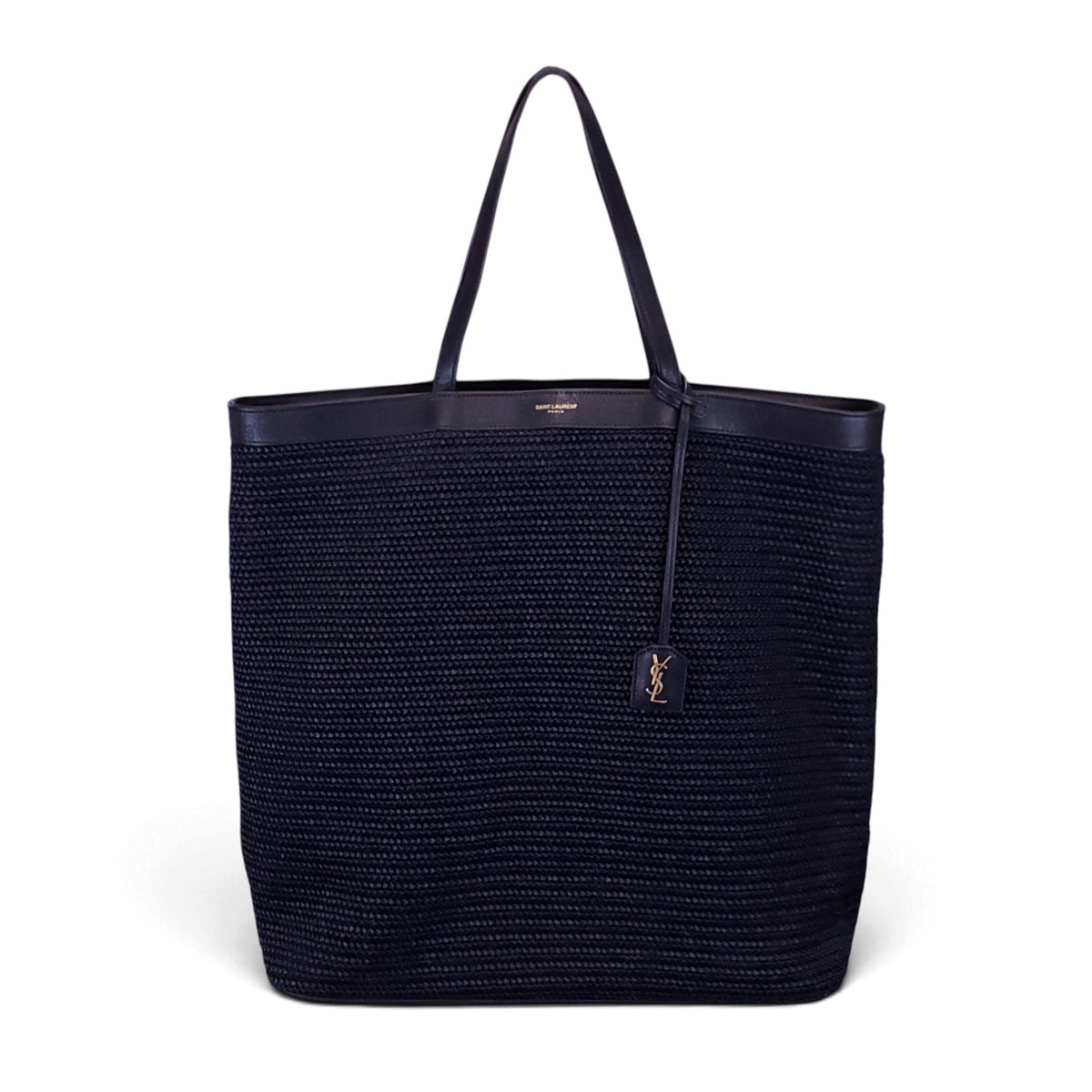 SAINT LAURENT BLACK LARGE PATTI RAFFIA LOGO TOTE