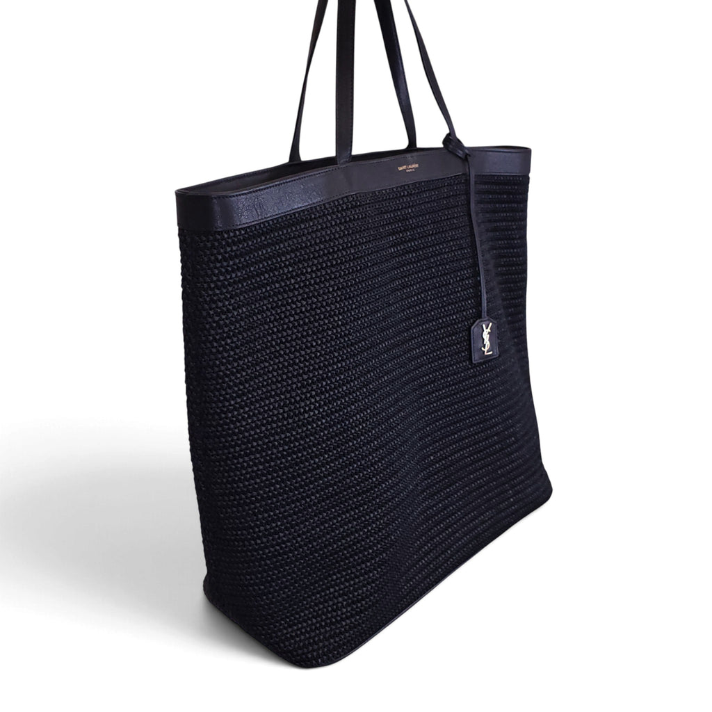 SAINT LAURENT BLACK LARGE PATTI RAFFIA LOGO TOTE