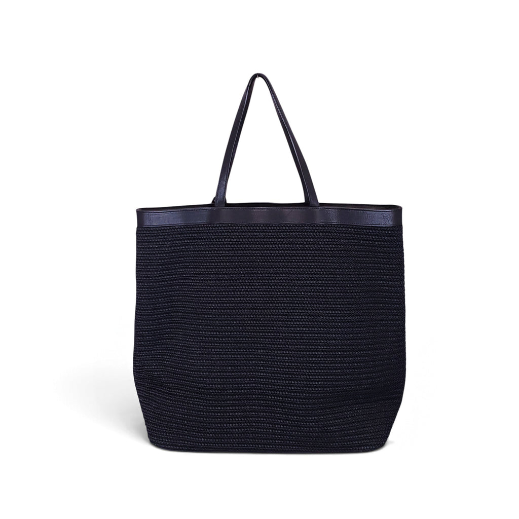 SAINT LAURENT BLACK LARGE PATTI RAFFIA LOGO TOTE