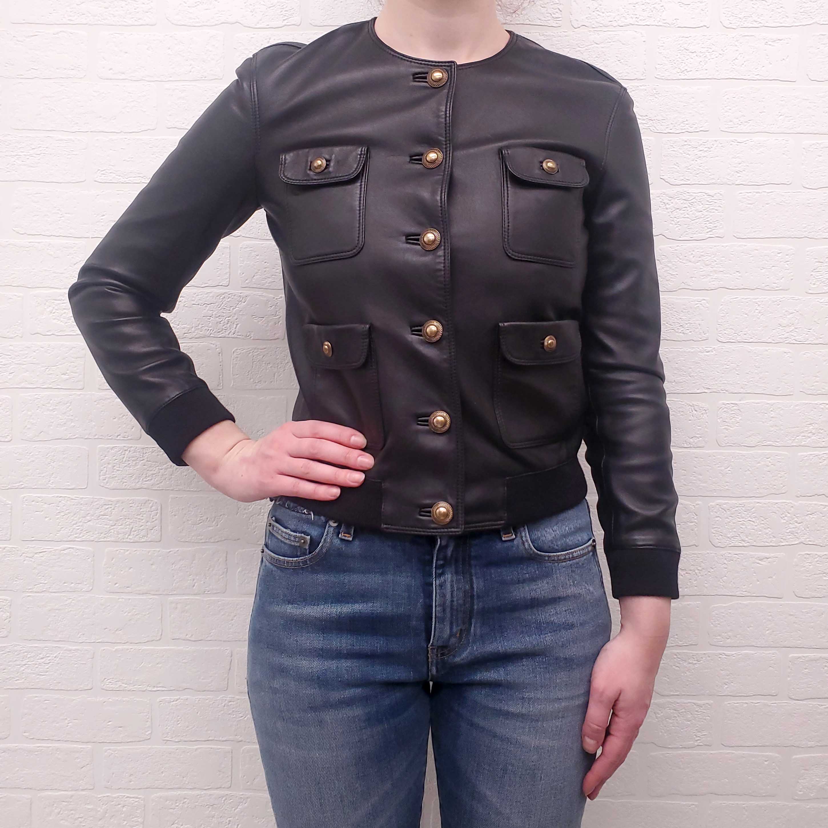 SAINT LAURENT BLACK LEATHER BOMBER JACKET WITH GOLD BUTTONS - SIZE XS
