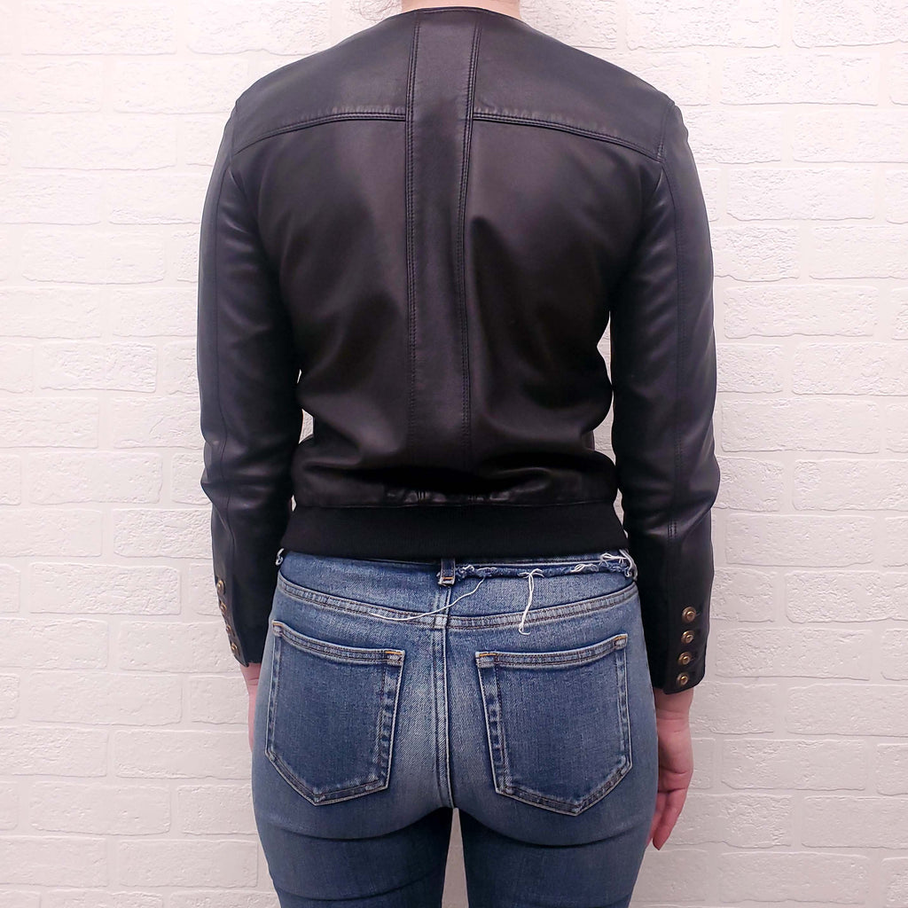 SAINT LAURENT BLACK LEATHER BOMBER JACKET WITH GOLD BUTTONS - SIZE XS