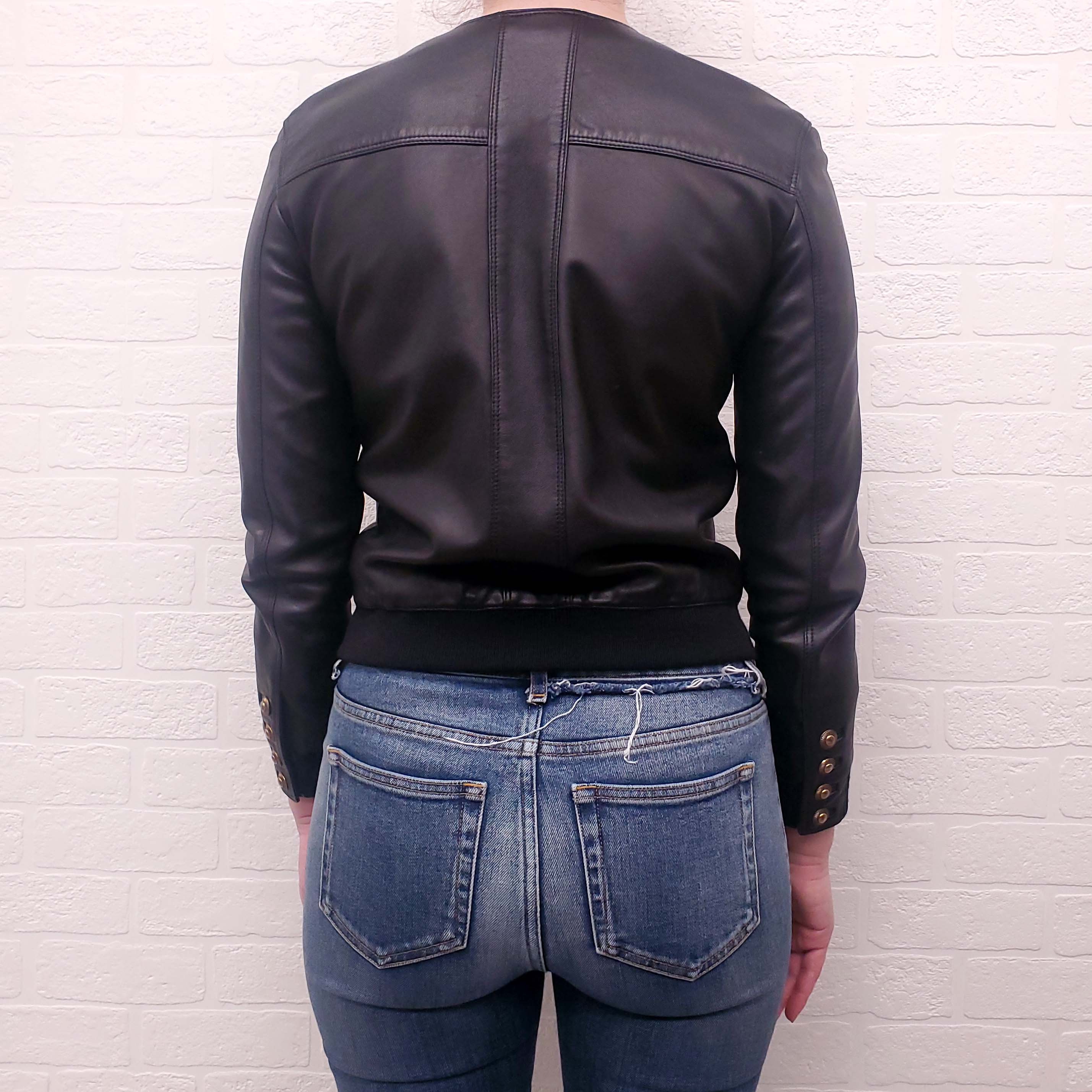 SAINT LAURENT BLACK LEATHER BOMBER JACKET WITH GOLD BUTTONS - SIZE XS