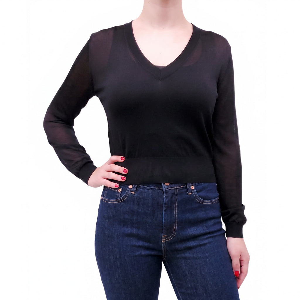SAINT LAURENT BLACK MESH V-NECK TOP - SIZE XS