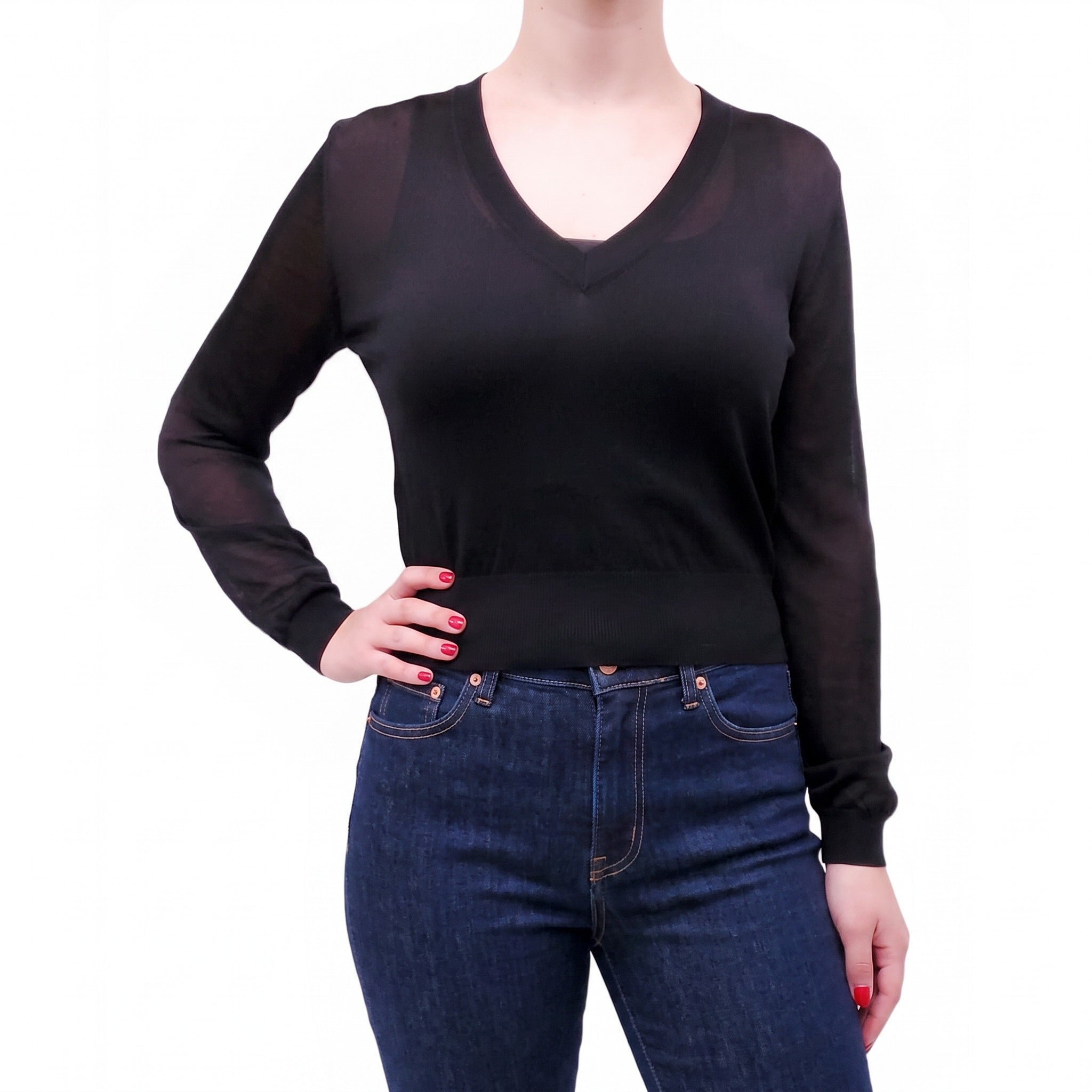 SAINT LAURENT BLACK MESH V-NECK TOP - SIZE XS