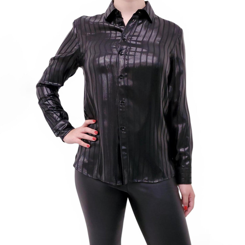 SAINT LAURENT BLACK METALLIC STRIPED TOP - SIZE 40