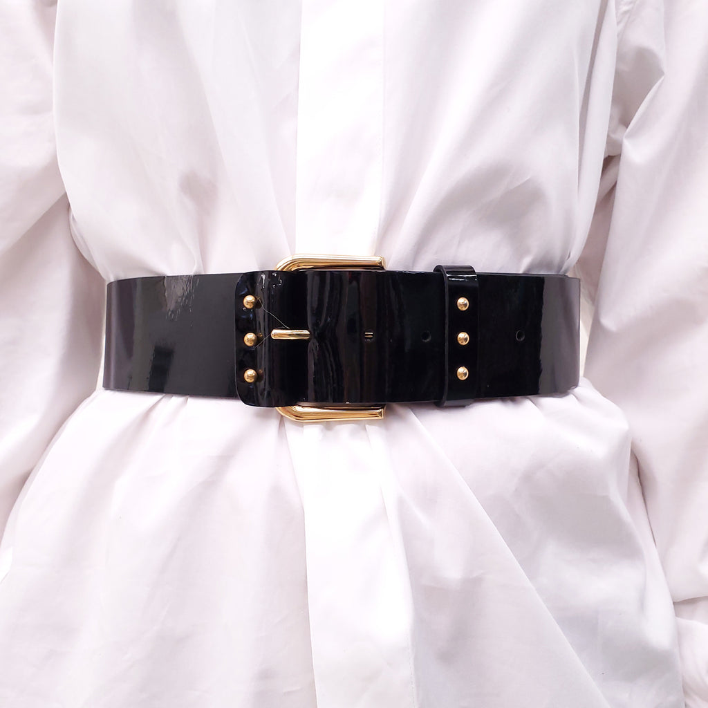 SAINT LAURENT BLACK PATENT BELT WITH GOLD BUCKLE - SIZE 75