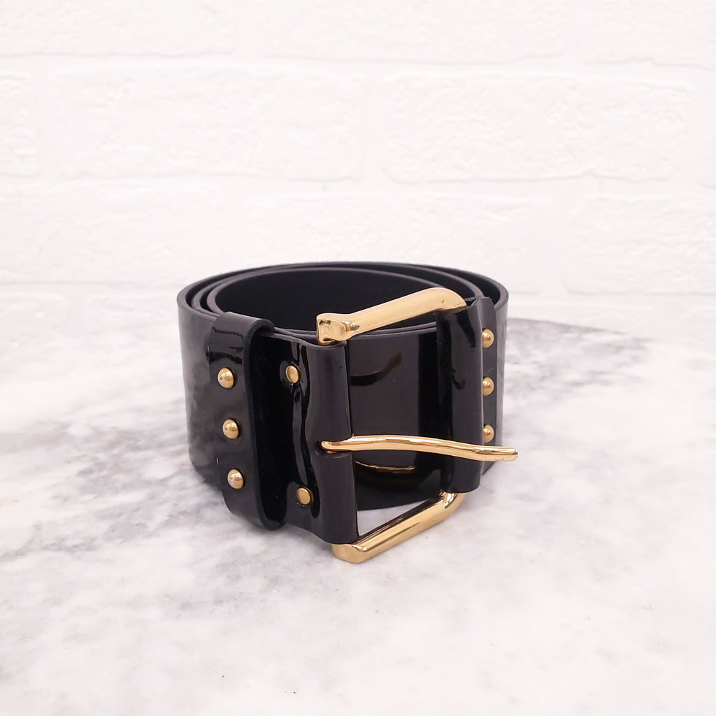 SAINT LAURENT BLACK PATENT BELT WITH GOLD BUCKLE - SIZE 75