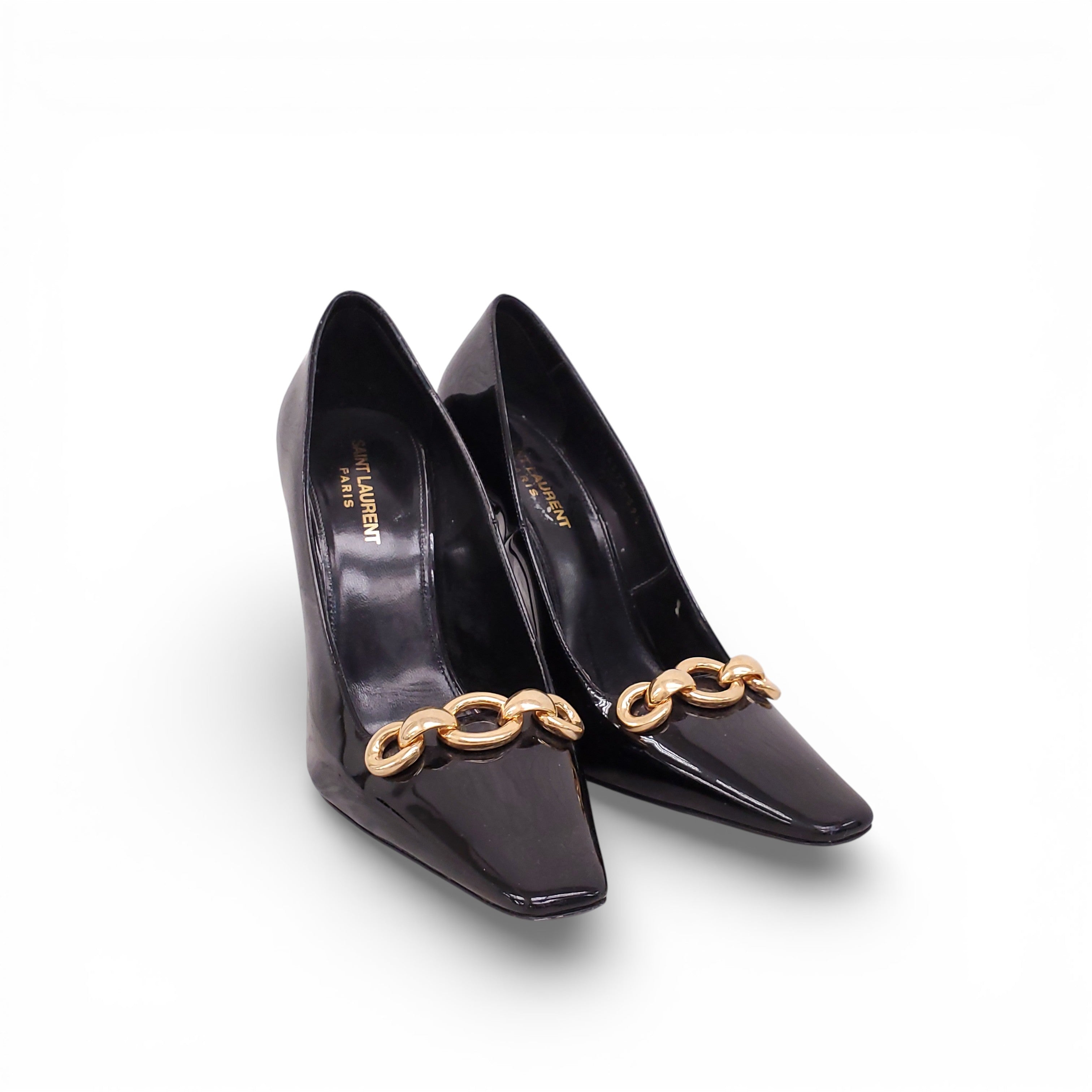 SAINT LAURENT BLACK PATENT BLADE CHAIN HEELS - SIZE 39.5