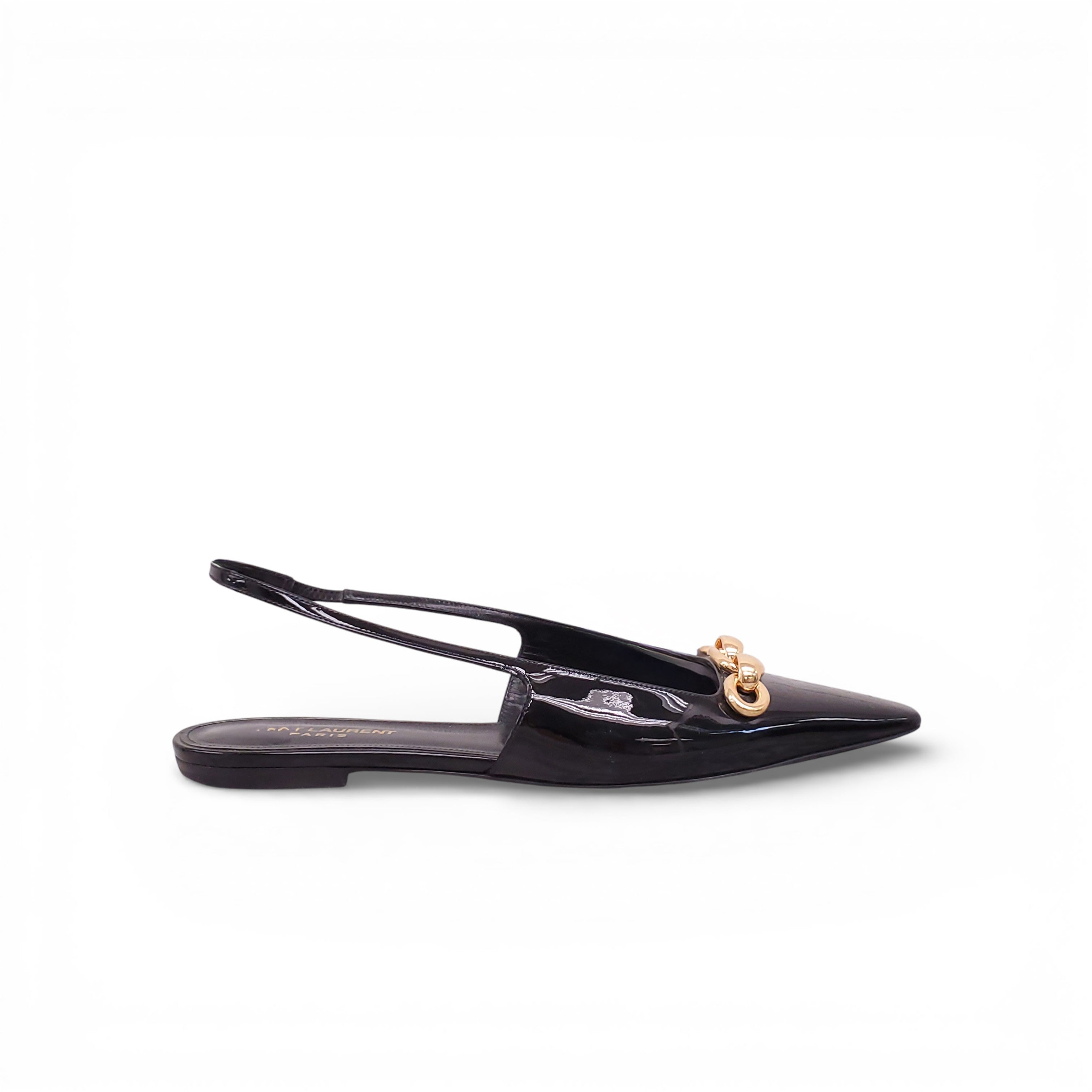 SAINT LAURENT BLACK PATENT BLADE CHAIN SLINGBACK FLATS - SIZE 39