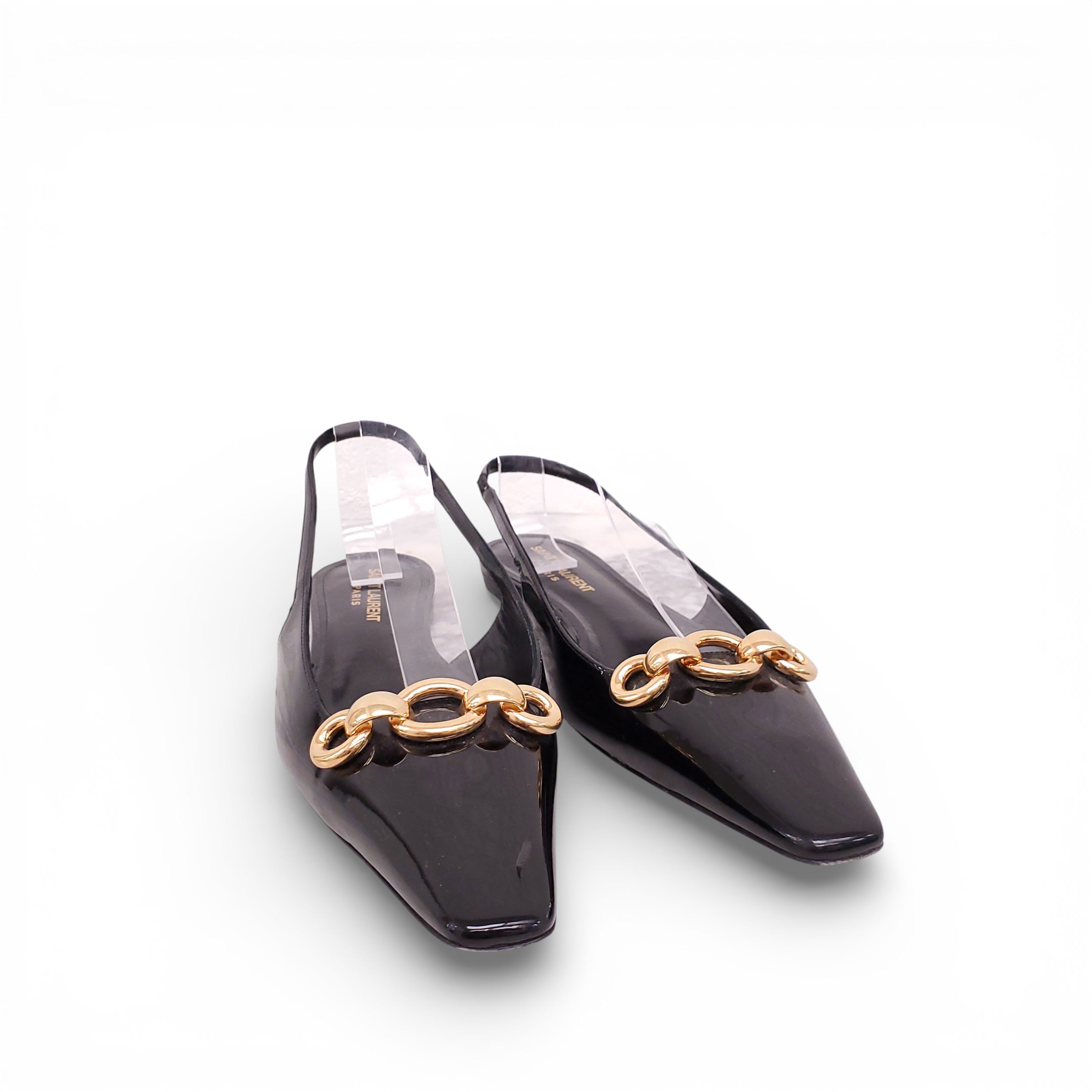 SAINT LAURENT BLACK PATENT BLADE CHAIN SLINGBACK FLATS - SIZE 39