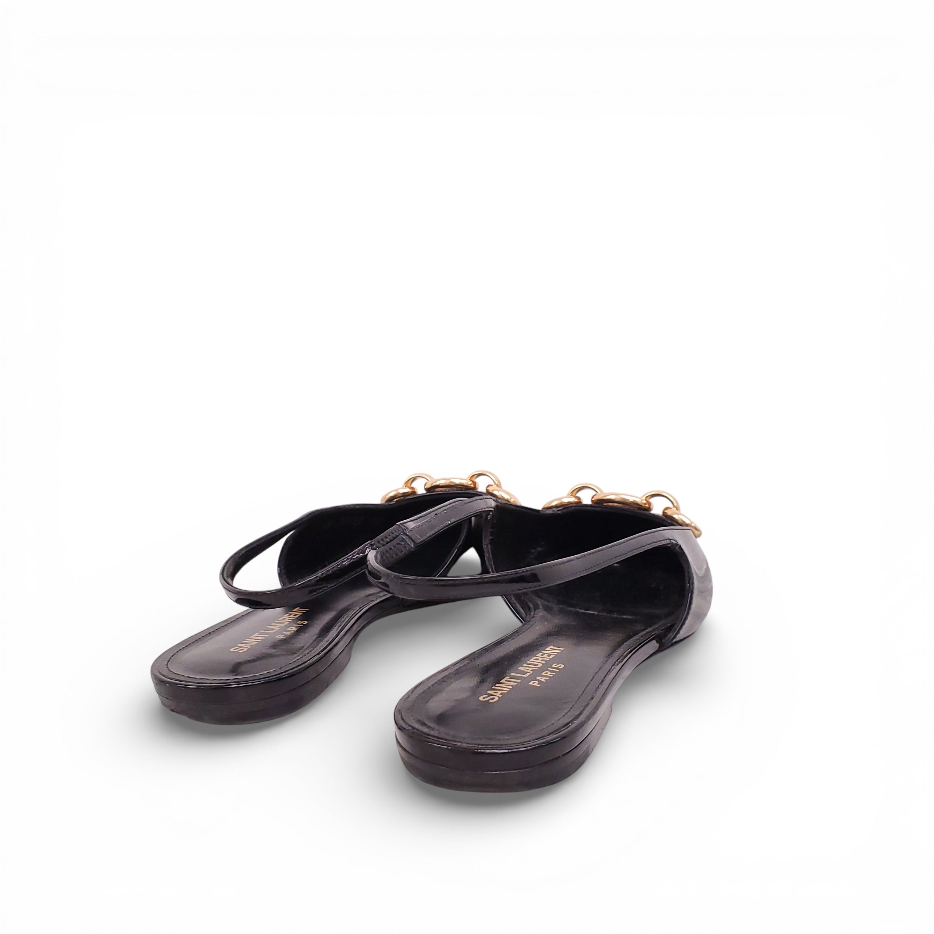 SAINT LAURENT BLACK PATENT BLADE CHAIN SLINGBACK FLATS - SIZE 39