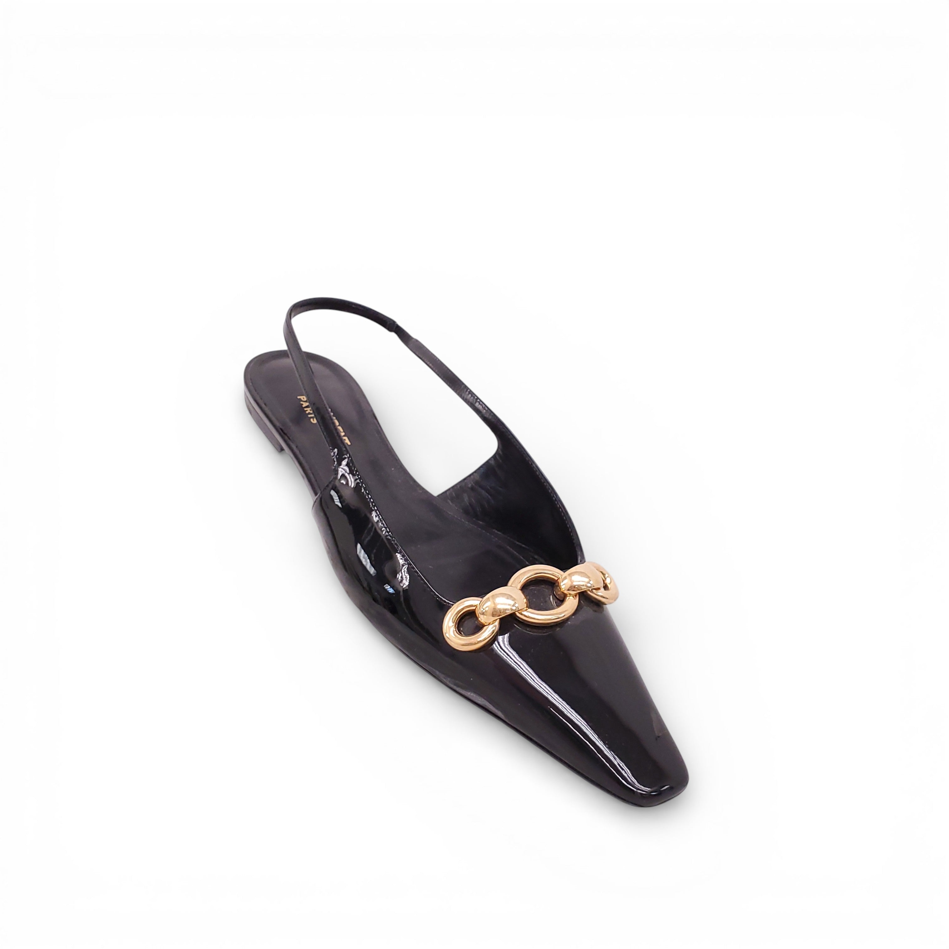 SAINT LAURENT BLACK PATENT BLADE CHAIN SLINGBACK FLATS - SIZE 39