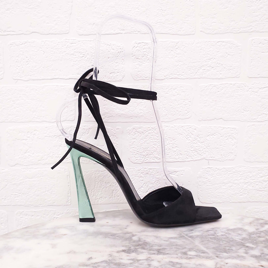 SAINT LAURENT BLACK SUEDE TIE UP HEELS WITH METALLIC GREEN DETIAL - SIZE 38.5