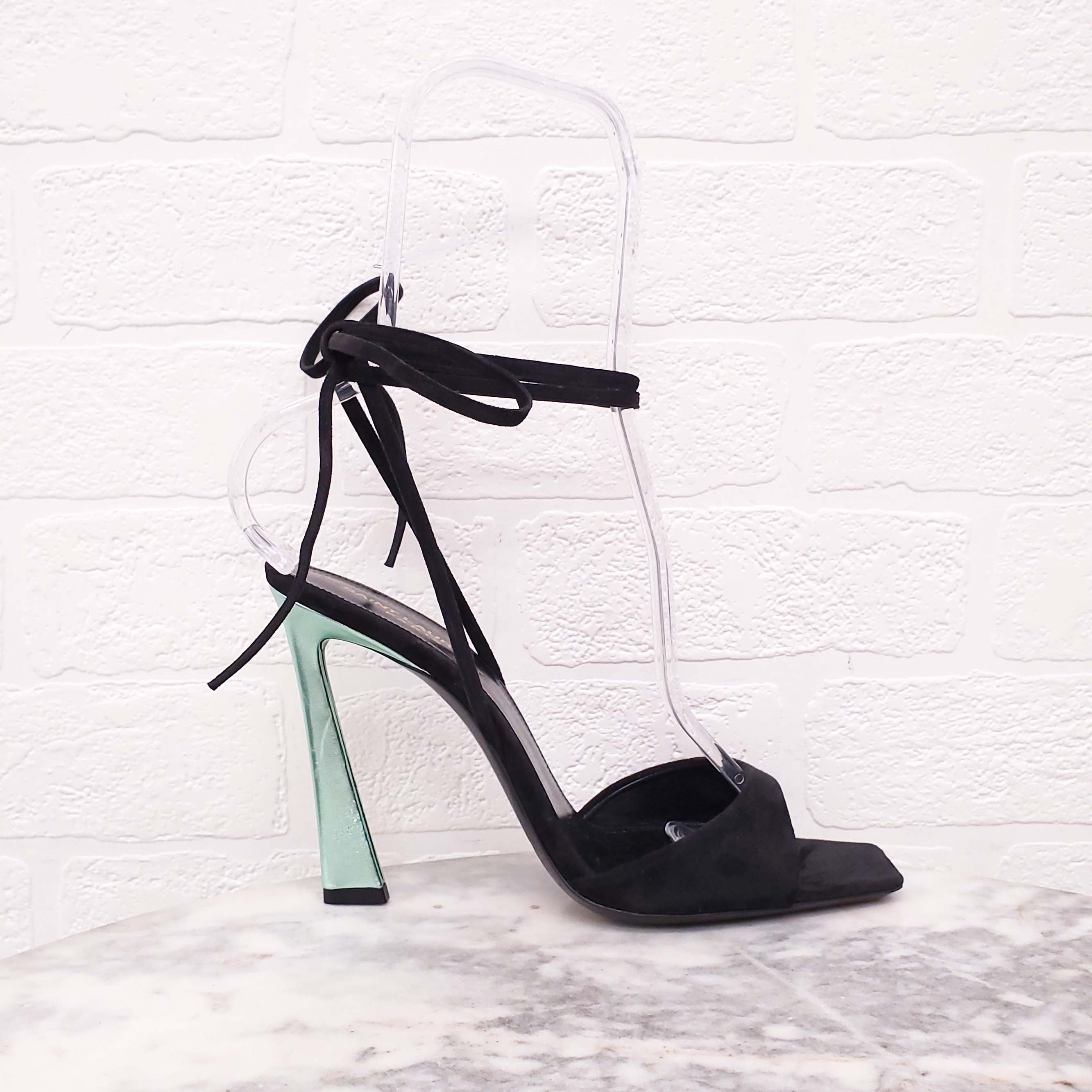 SAINT LAURENT BLACK SUEDE TIE UP HEELS WITH METALLIC GREEN DETIAL - SIZE 38.5