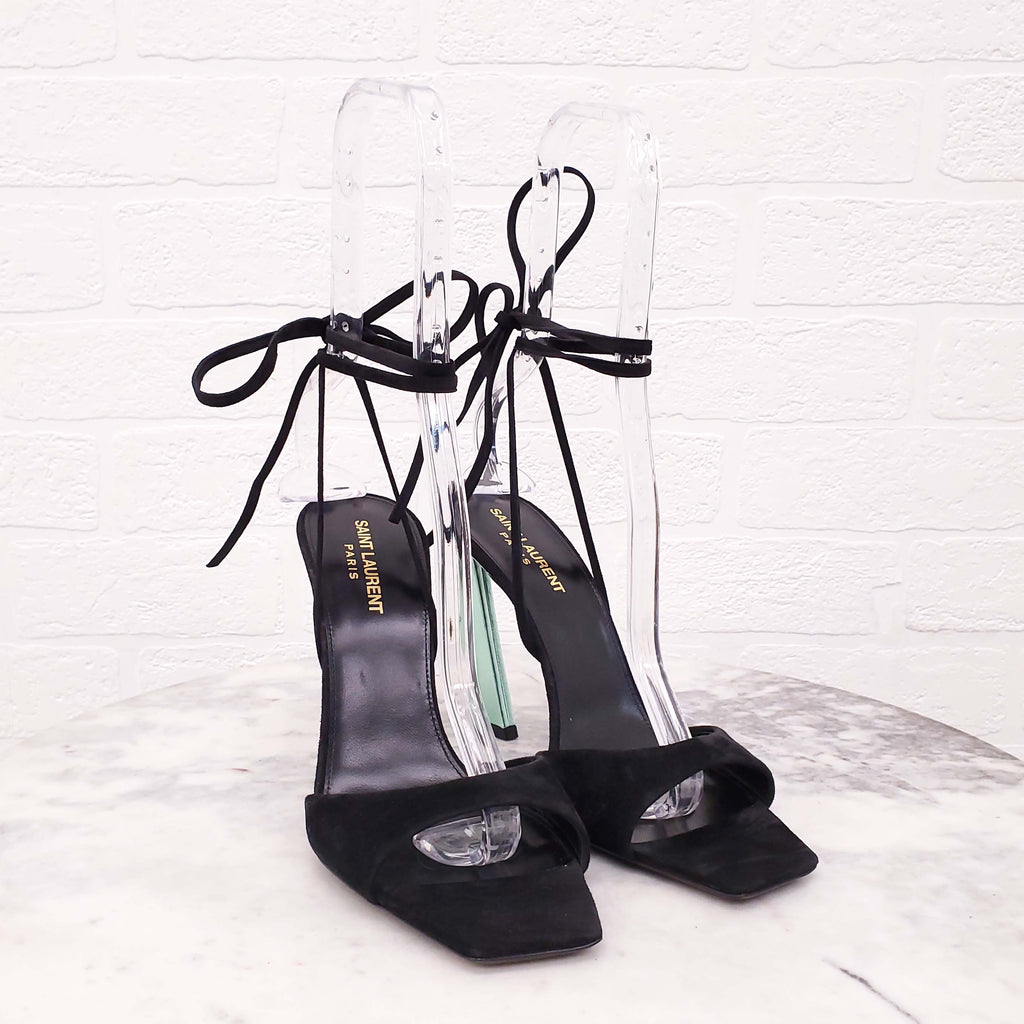 SAINT LAURENT BLACK SUEDE TIE UP HEELS WITH METALLIC GREEN DETIAL - SIZE 38.5