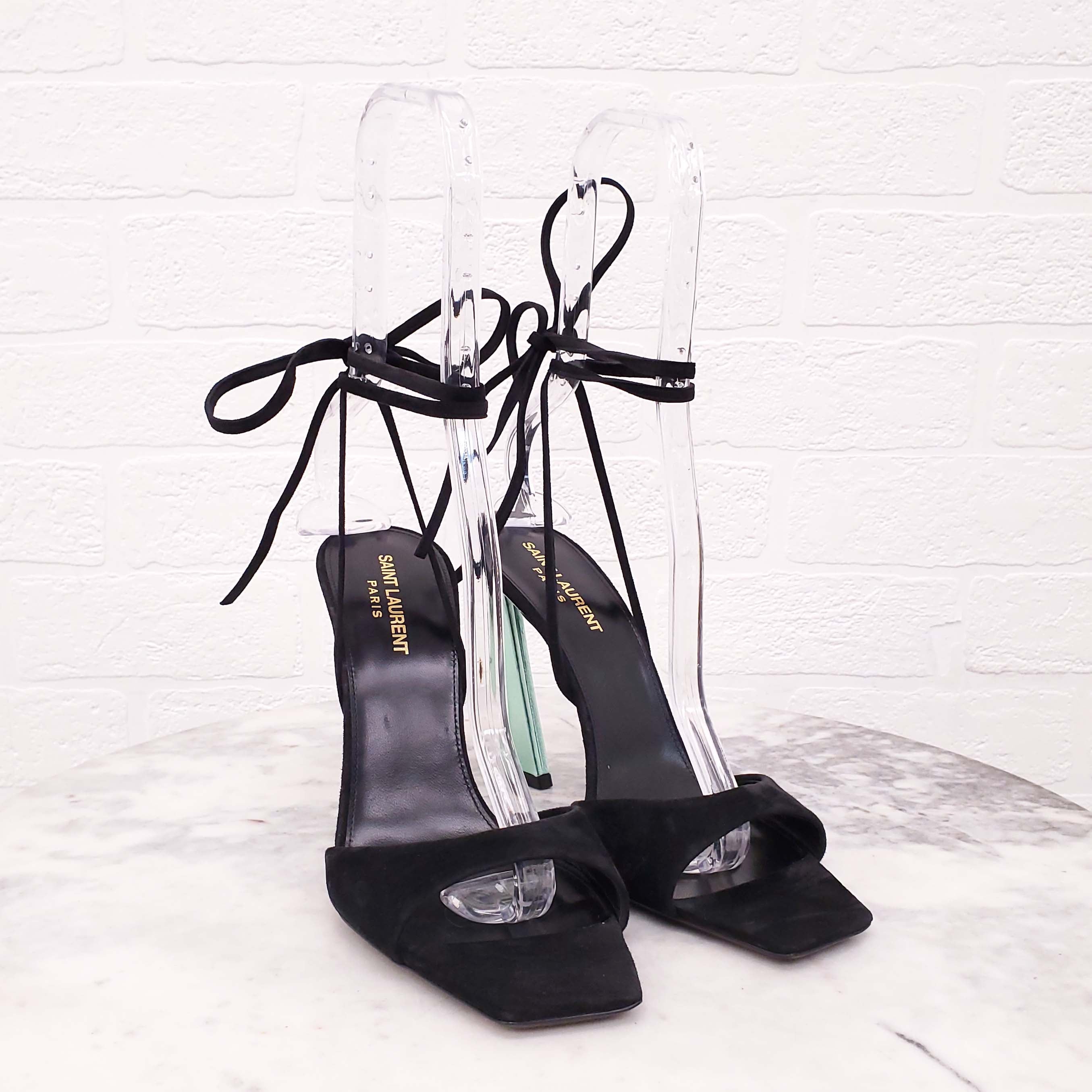 SAINT LAURENT BLACK SUEDE TIE UP HEELS WITH METALLIC GREEN DETIAL - SIZE 38.5