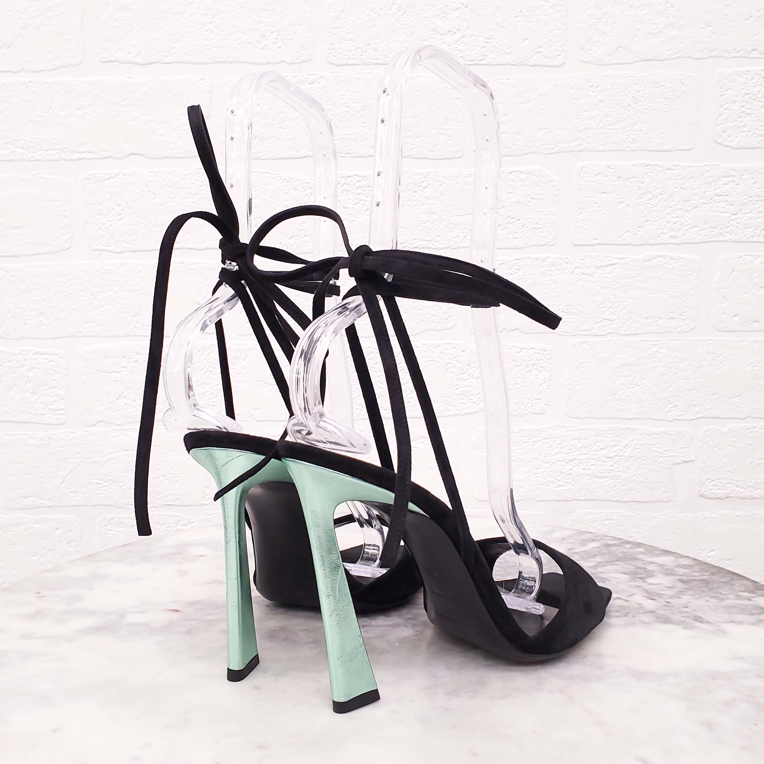 SAINT LAURENT BLACK SUEDE TIE UP HEELS WITH METALLIC GREEN DETIAL - SIZE 38.5